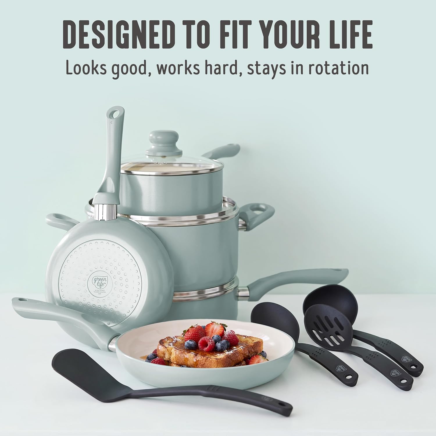 GreenLife 16pc Ceramic Nonstick Pots & Pans Cookware Set, Mint Green