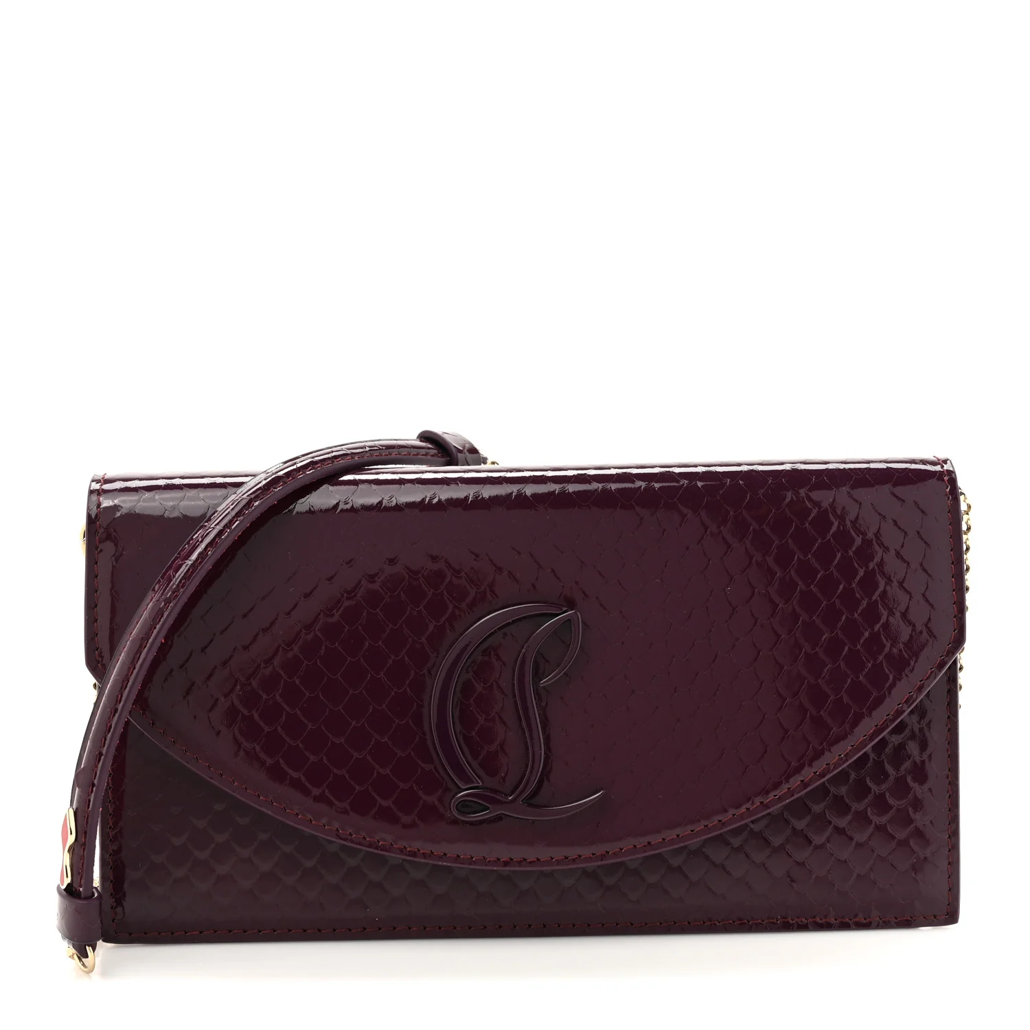 Patent Birdy Snakeskin Embossed Loubi54 Crossbody Clutch Merlot