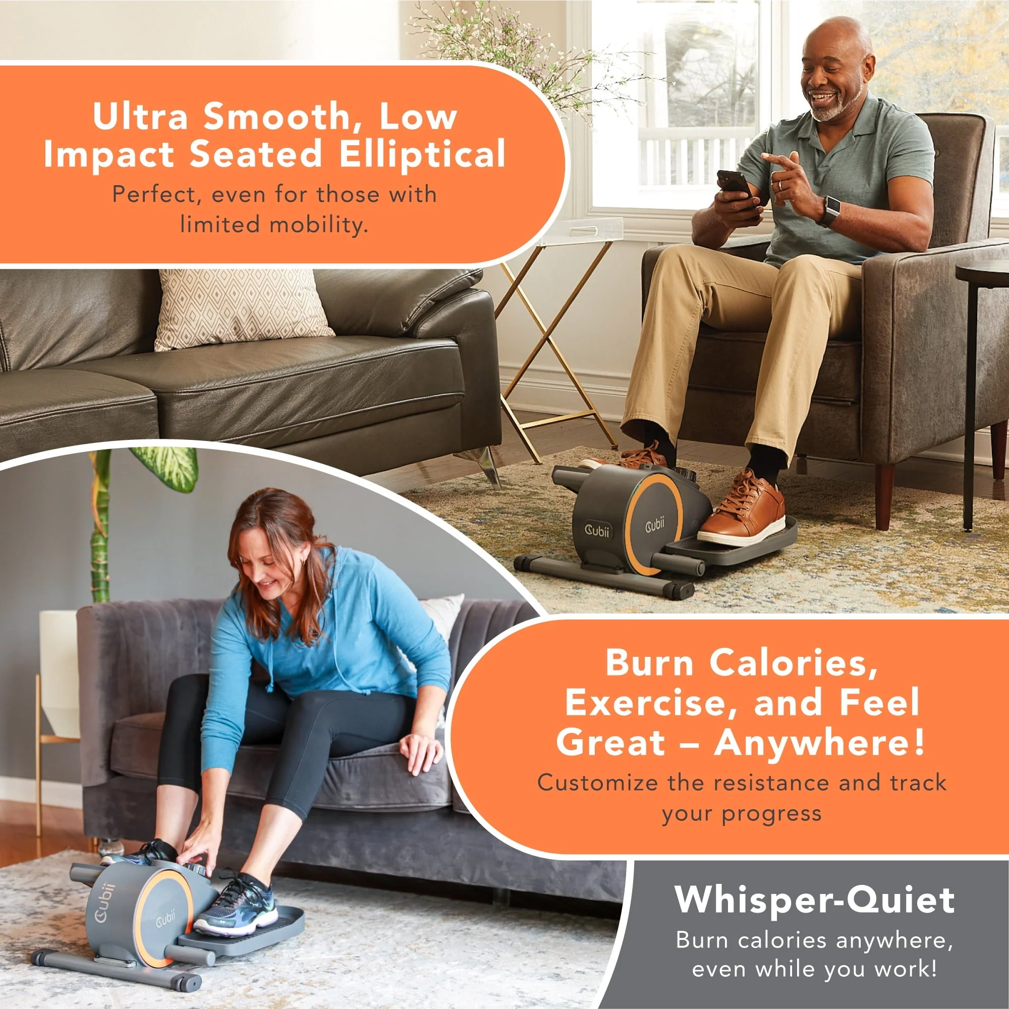 Cubii Go, Seated Elliptical Trainer with Wheels and Handle, 8 Adjustable Magnetic Resistance Levels