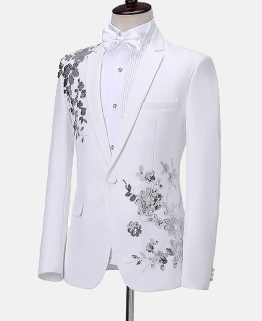 Ensemble 2 pièces élégant blazer à col à revers et pantalon à sequins floraux