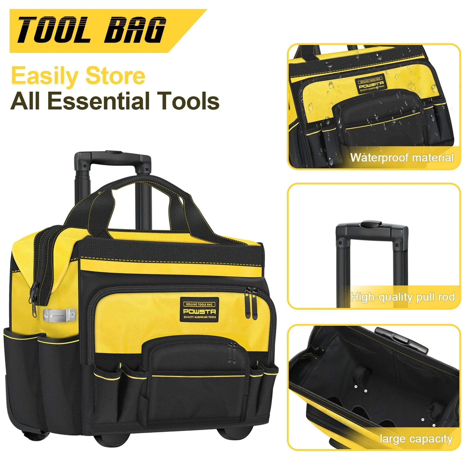 18 Rolling Tool Bag with Wheels, 15-Pocket Heavy Duty Rolling Tool Storage Bag with Retractable Handle for Construction, Carpentry, Repair