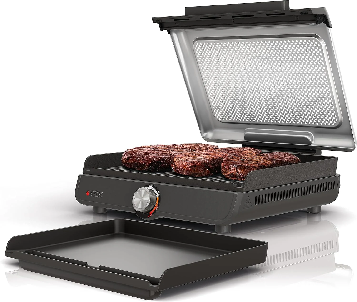 Plaque de cuisson et grill d'intérieur Ninja, 35,5 cm (14 po), grill électrique, pour steaks, hamburgers, saumon, légumes et plus encore, plaque à crêpes, antiadhésive, compatible lave-vaisselle, 260 °C (500 °F), cuisson uniforme, argent, GR101