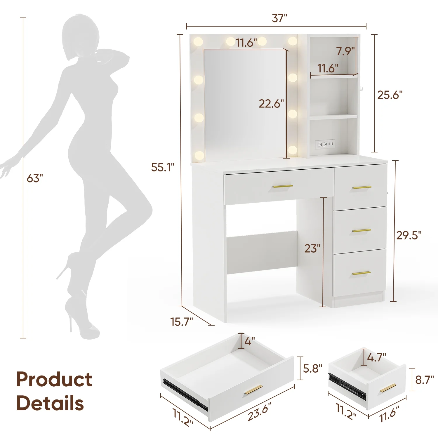 Makeup Vanity Desk with 3 Color Light Mirror, Vanity Table with 4 Drawers, Storage Shelf, Power Outlet, Adjustable Brightness Dressing Table, White(White 2) - Image 8