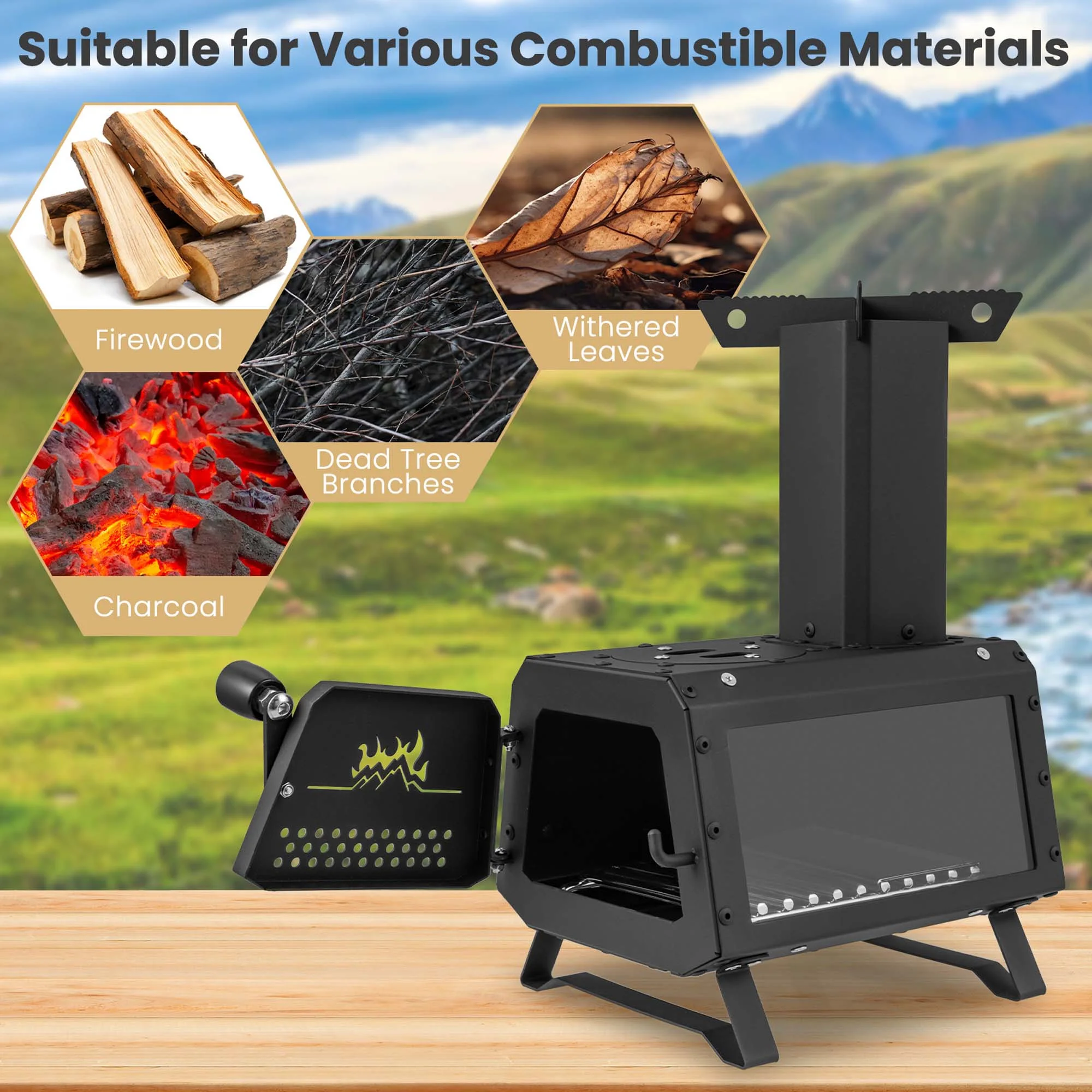 Portable Wood Camping Stove with 2 Cooking Positions(B) Image 9