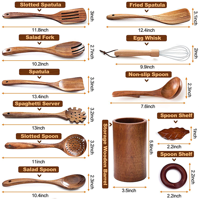 Teak Wooden Spoons for Cooking,12 Pieces Nonstick Kitchen Utensil Set with Wood Utensils Holder