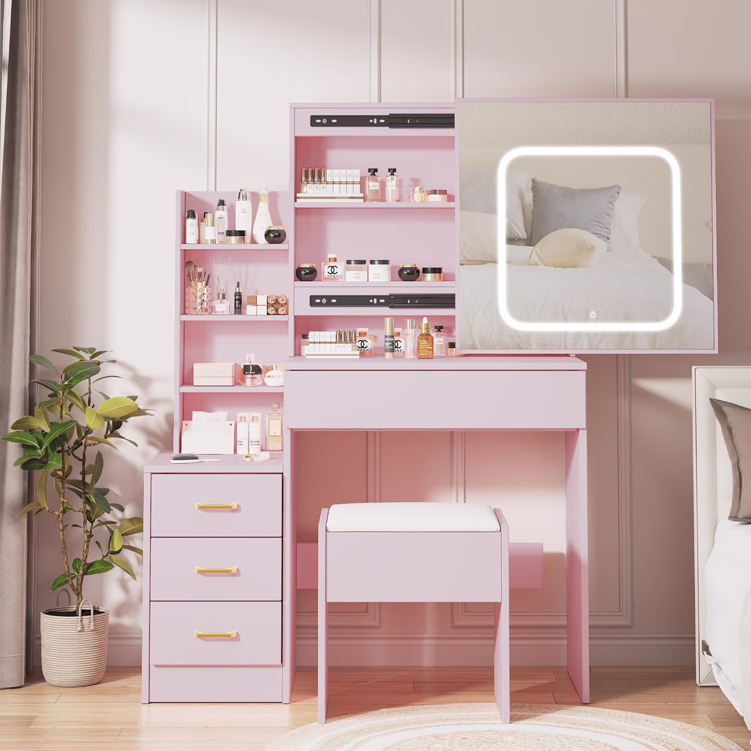 Vanity Desk with Sliding Mirror and Lights, Makeup Vanity Set with Power Outlet, 4 Drawers, Stool, Open Shelves, 3 Color Lighting Modes, Brightness Adjustable, Makeup Dressing Table for Bedroom(black) - Image 3