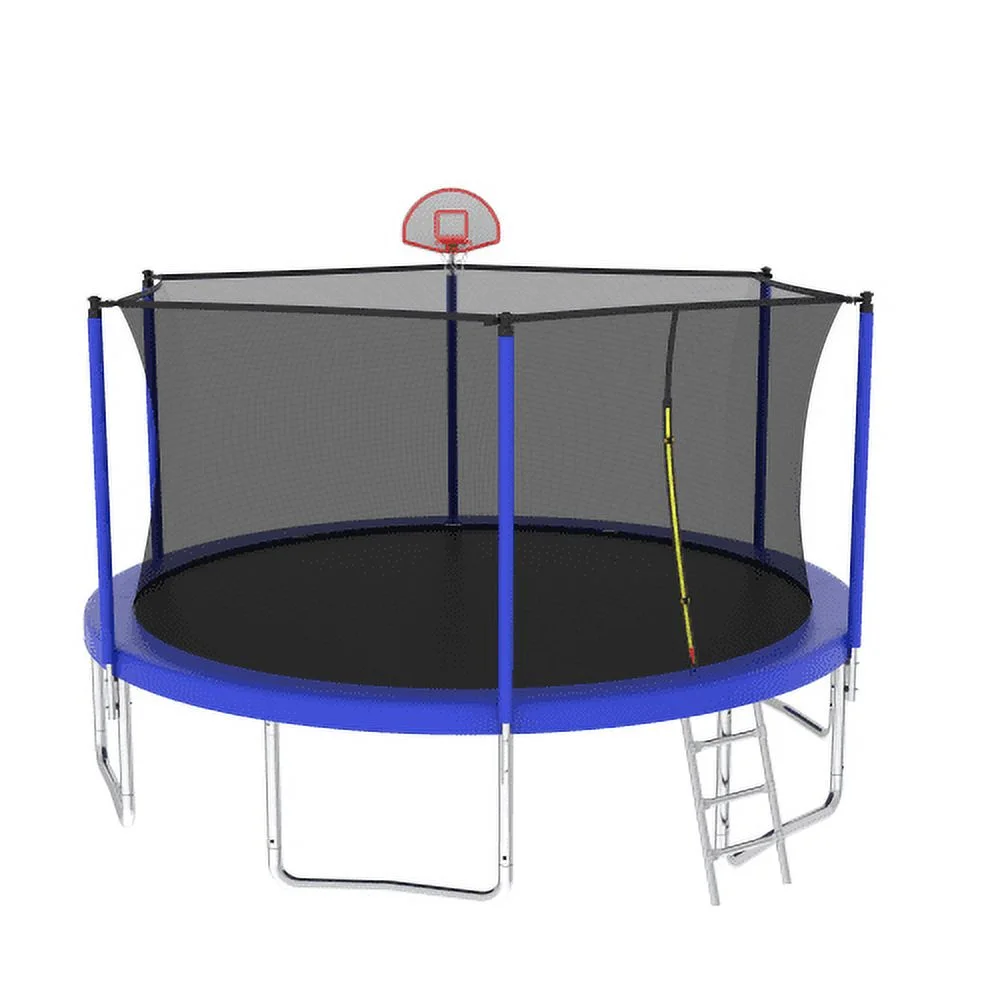 14FT Trampoline for Kids and Adults,Outdoor Large Recreational Trampoline with Ladder and Basketball Hoop,Blue - Image 3