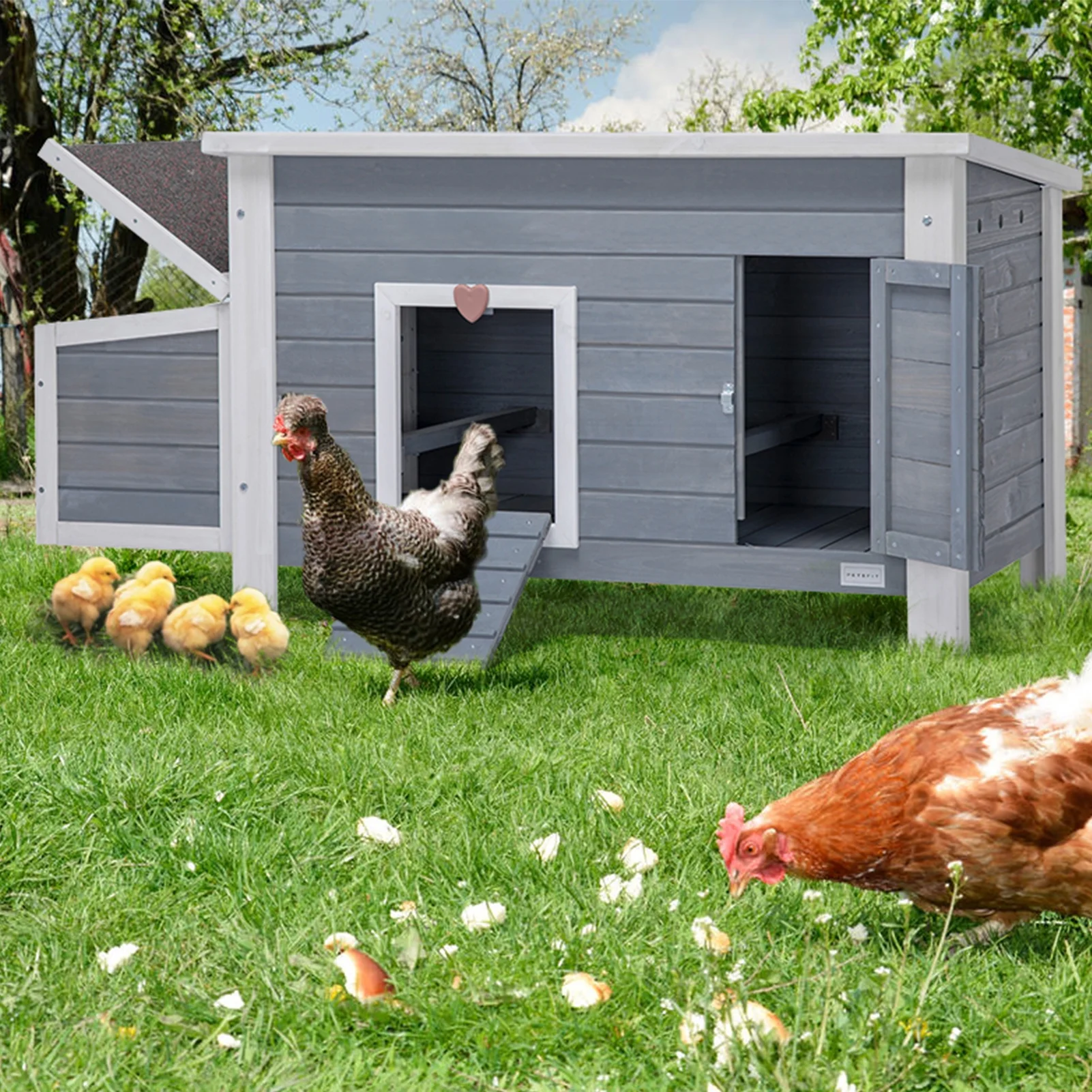 Large Chicken Coop with Upgraded Perches, Weatherproof Hen House with Two Large Nesting Box,Poultry Cage,3-5 chicken, Grey(Gray) - Image 7
