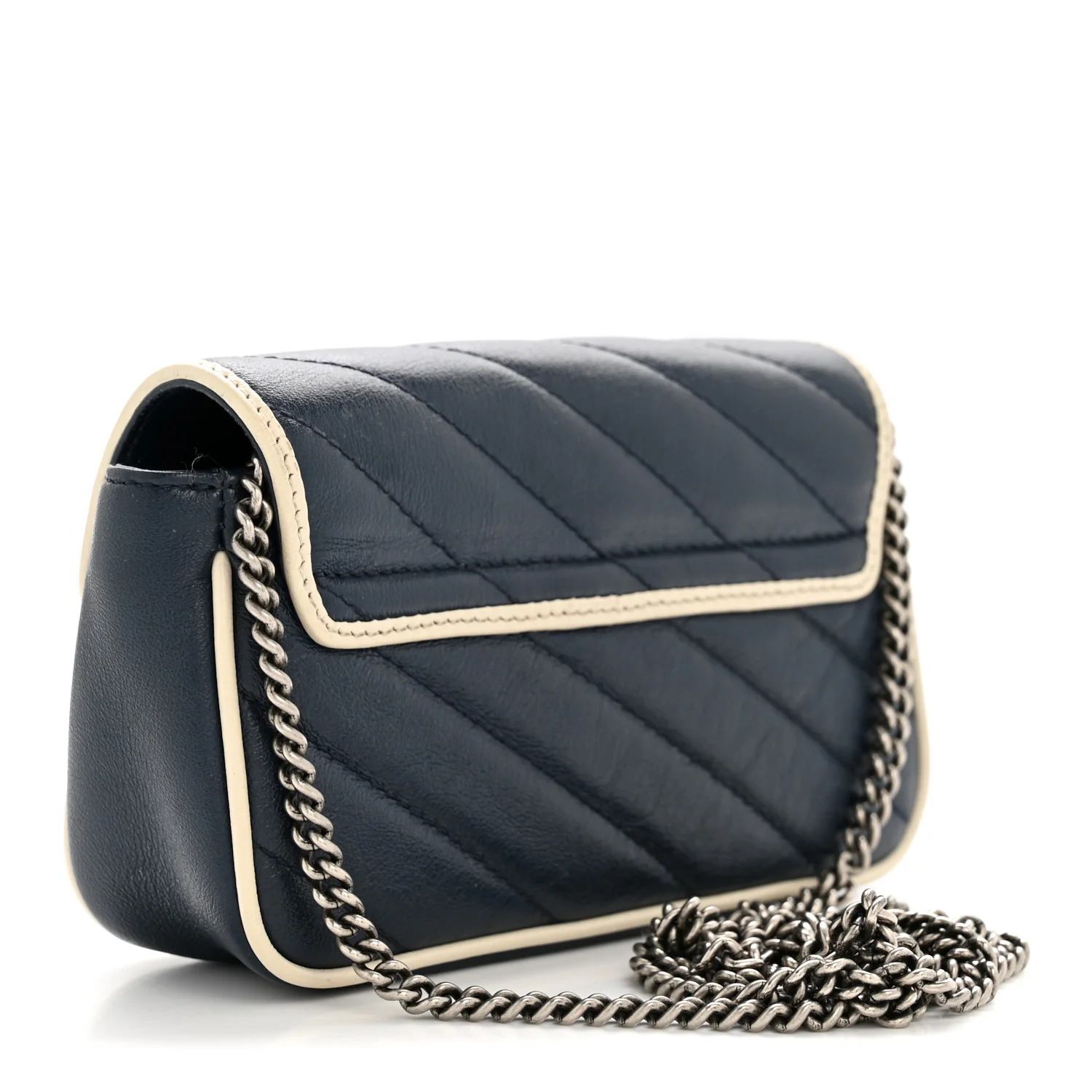 Vintage Effect Calfskin Matelasse Diagonal Super Mini Torchon GG Marmont Shoulder Bag Blue Agata Mystic White