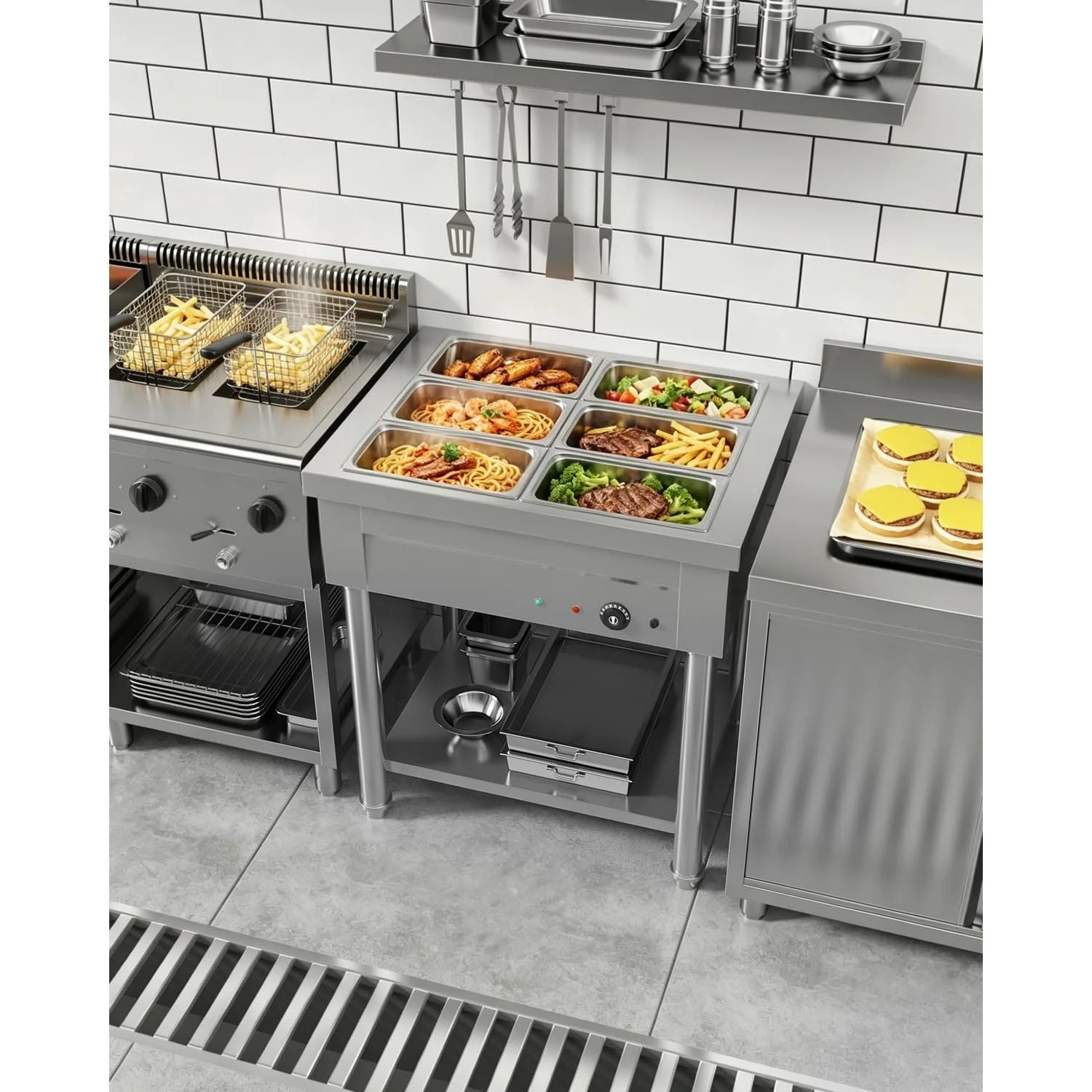 AECOJOY Commercial Food Warmer 1500W Electric Steam Table with 6x6QT Pans & Shelf