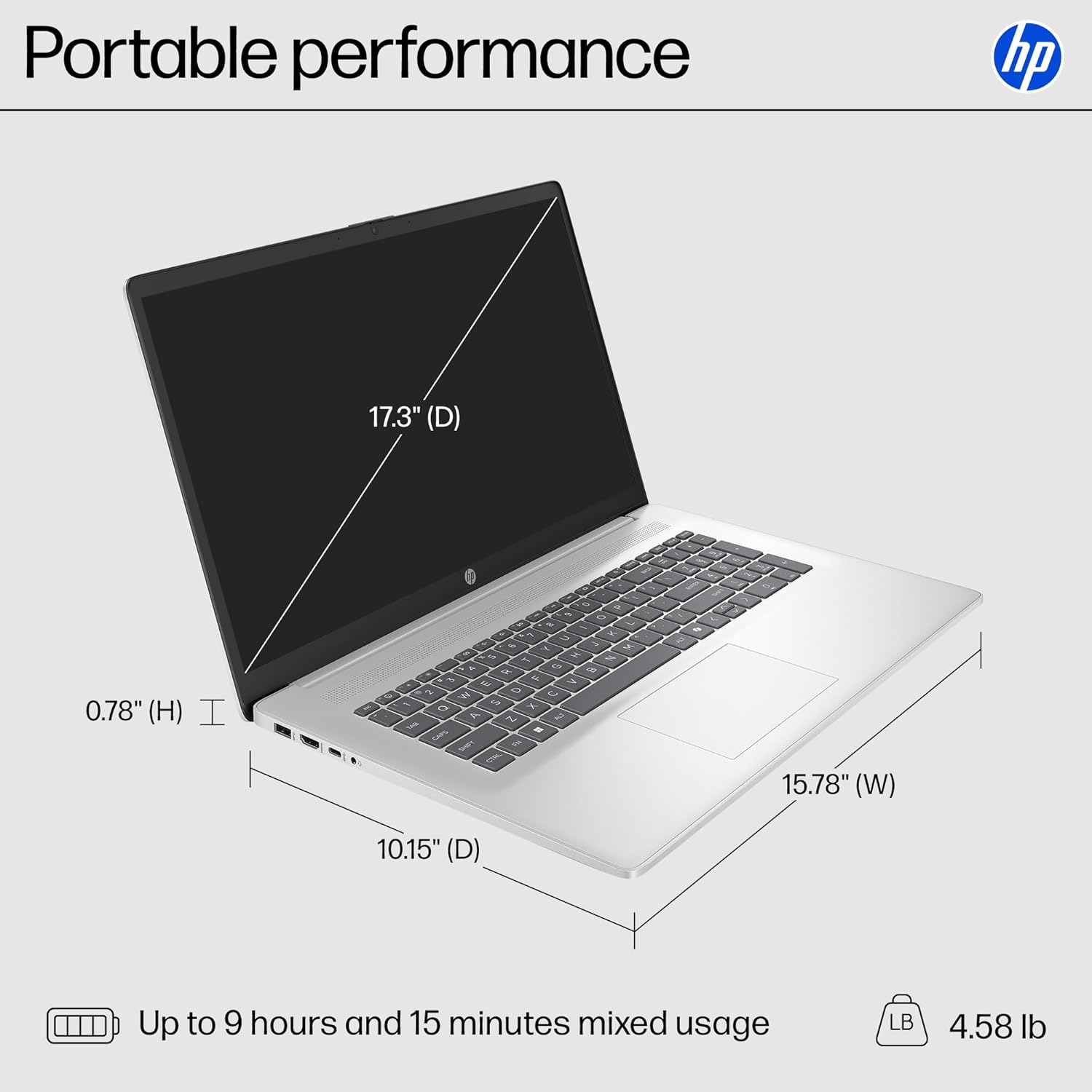 HP 17.3 inch Laptop  HD+ Display  AMD Ryzen 5 7520U  16 GB RAM  512 GB SSD  AMD Radeon Graphics  Windows 11 Home  Natural Silver  17-cp2199nr