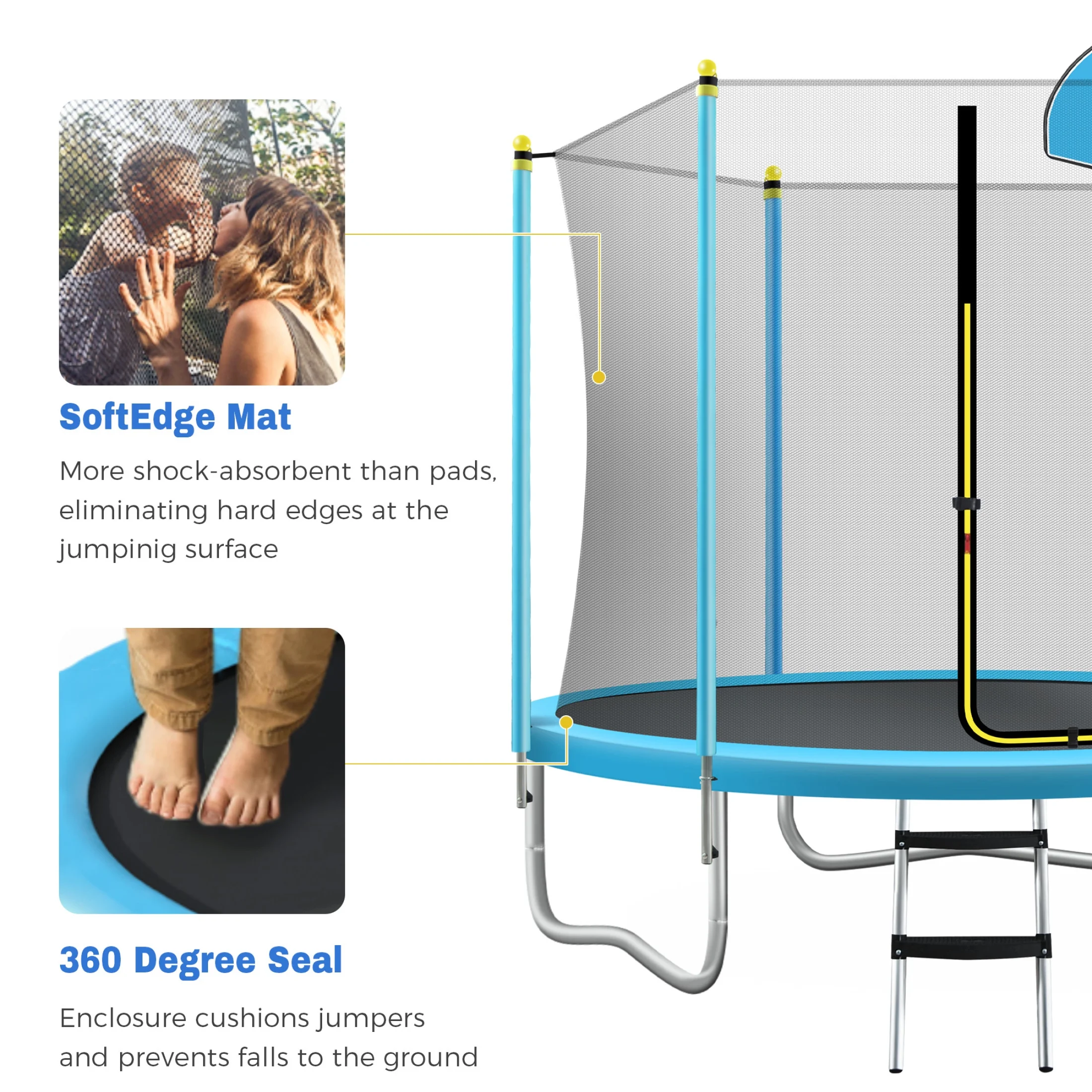 Noble House 8FT Outdoor Trampoline for Kids with Safety Enclosure Net, Basketball Hoop  Ladder, Blue(Blue)