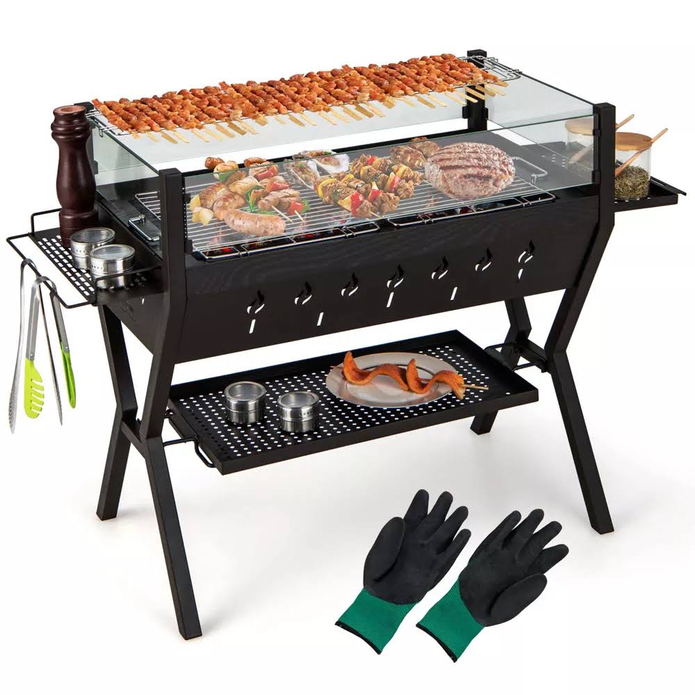 Costway Stainless Steel Barbecue Charcoal Grills with Seasoning Racks & Storage Shelf