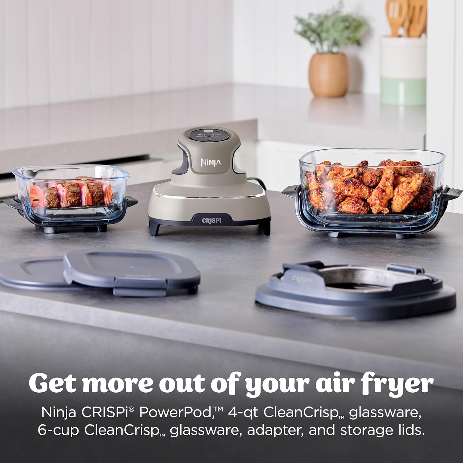 Ninja Crispi Glass Air Fryer, 4-in-1, Stone, FN101ST| Max crisp, bake, air fry, recrisp, 450F max, 4 Qt and 6 Cup containers, PFAS-free glass