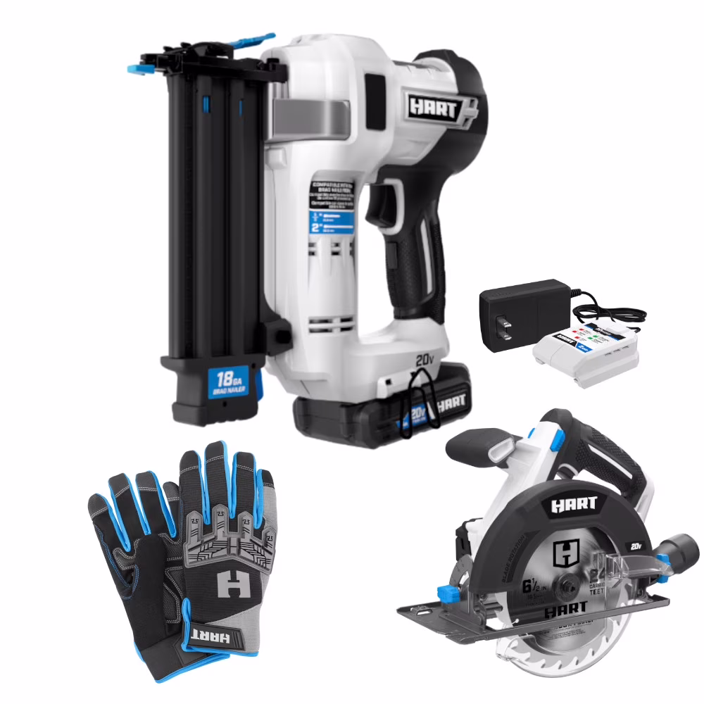 20-Volt Nailing Kit w/ 20V 18G Brad Nailer Kit, 20V 6-1/2" Circular Saw, Impact Work Gloves