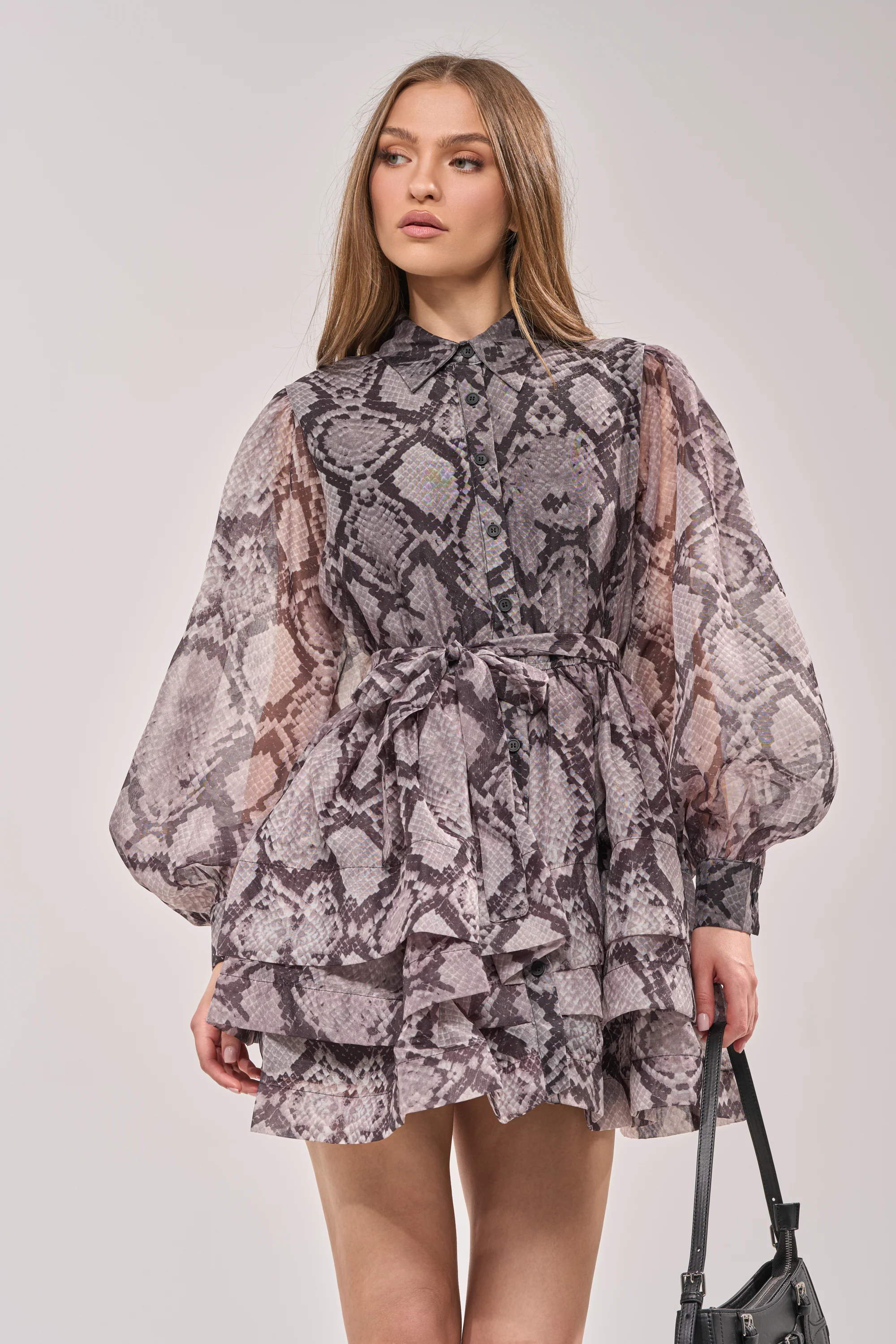 IT GIRL CHIFFON RUFFLE MINI DRESS IN SNAKE - Akira Store