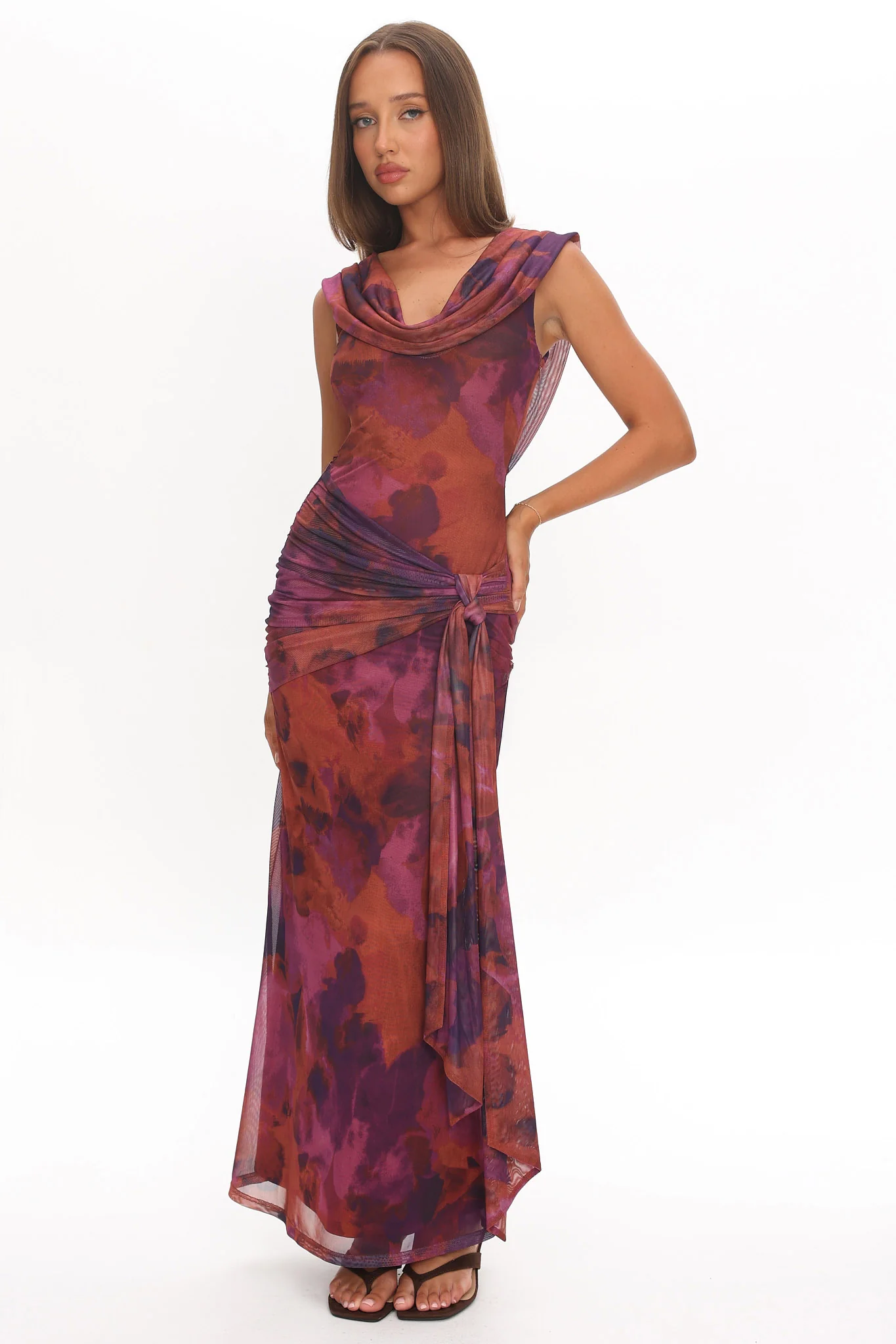 Virgo Season Draped Shoulder Maxi Dress Dark Rose