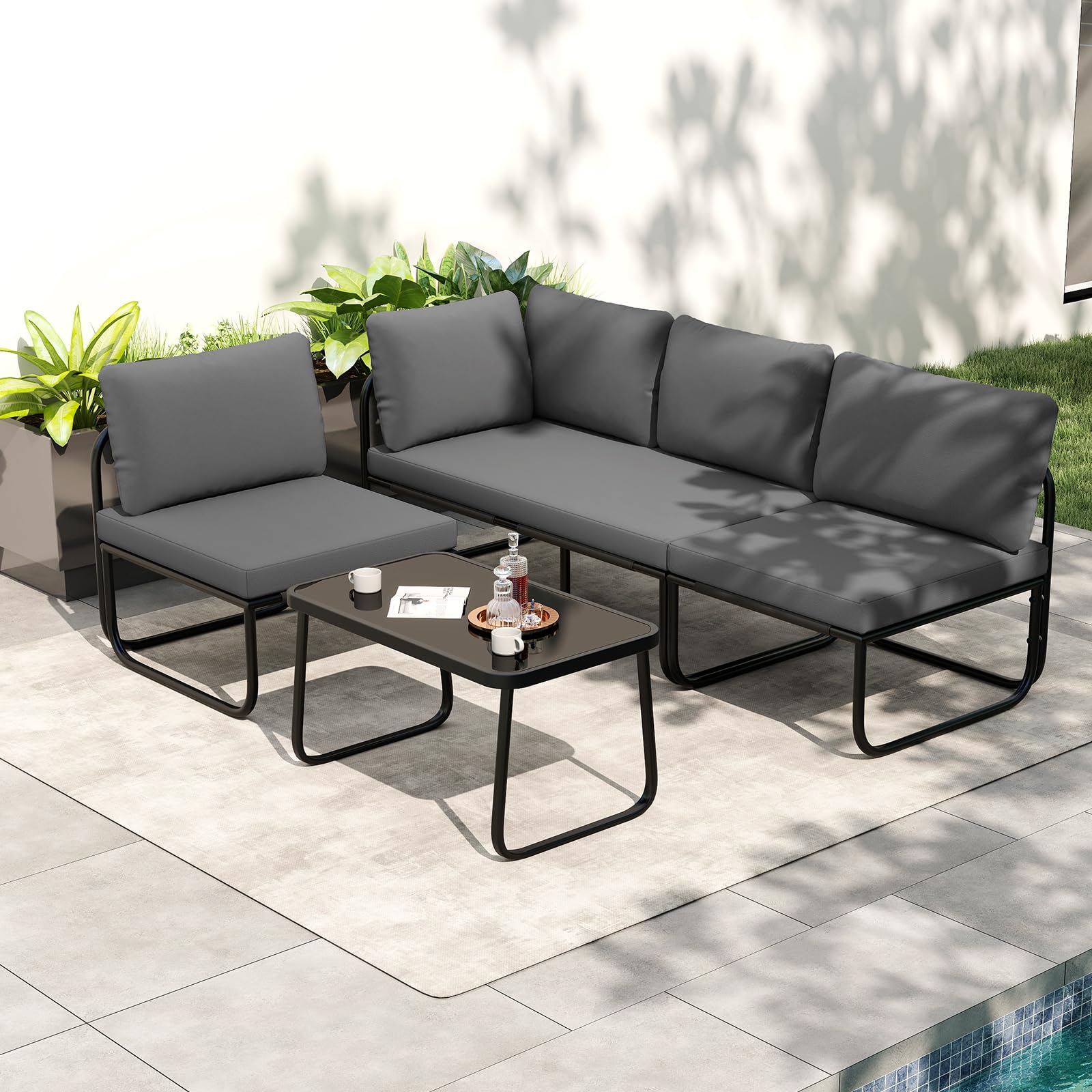 Tangkula 4 Pieces Patio Furniture Set with Cushions and Tempered Glass Coffee Table