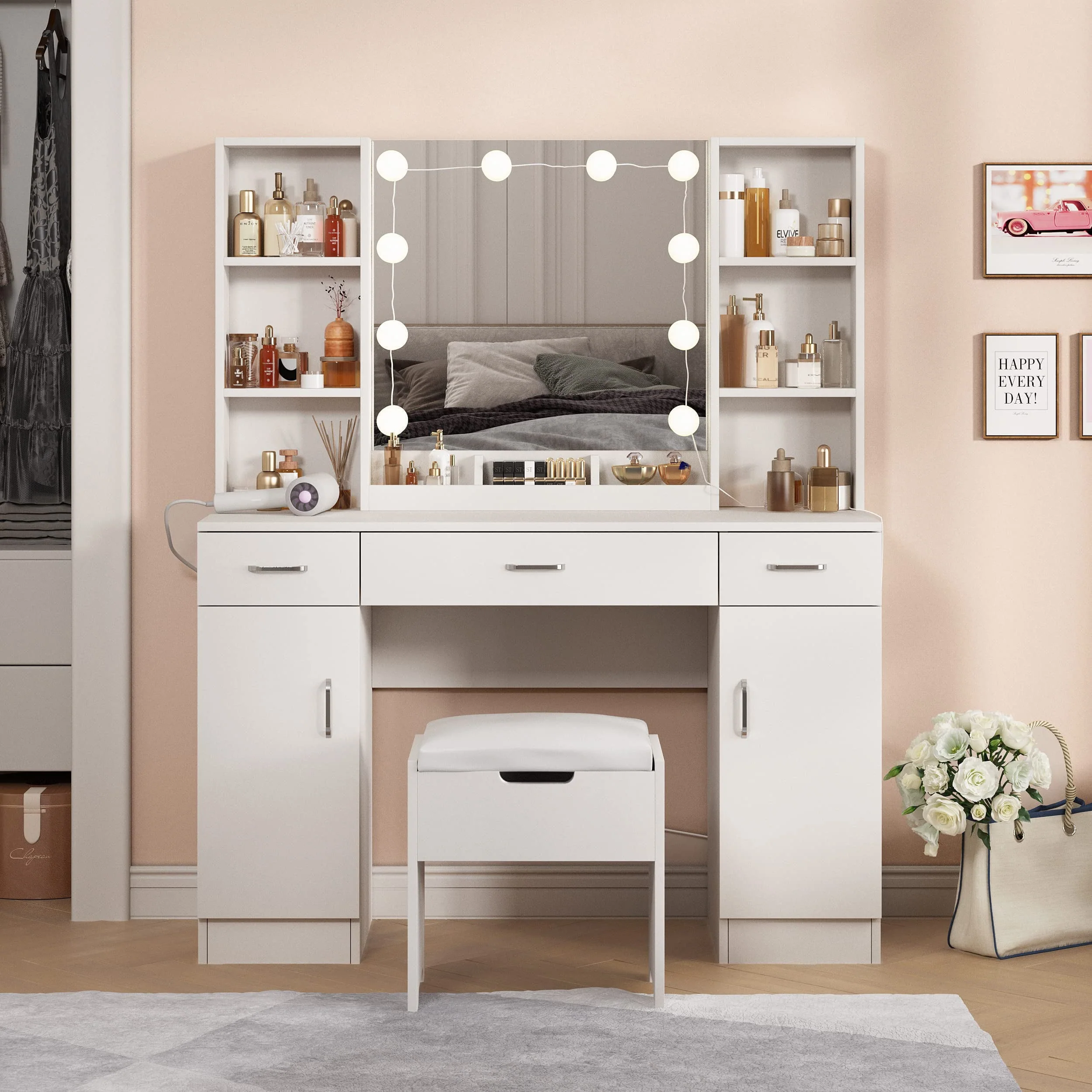 Large Makeup Vanity Set with Lights, White Bedroom Makeup Vanity Table with Storage, 3 Adjustable Lighting Colors, Modern, 45.2in(Black) - Image 6