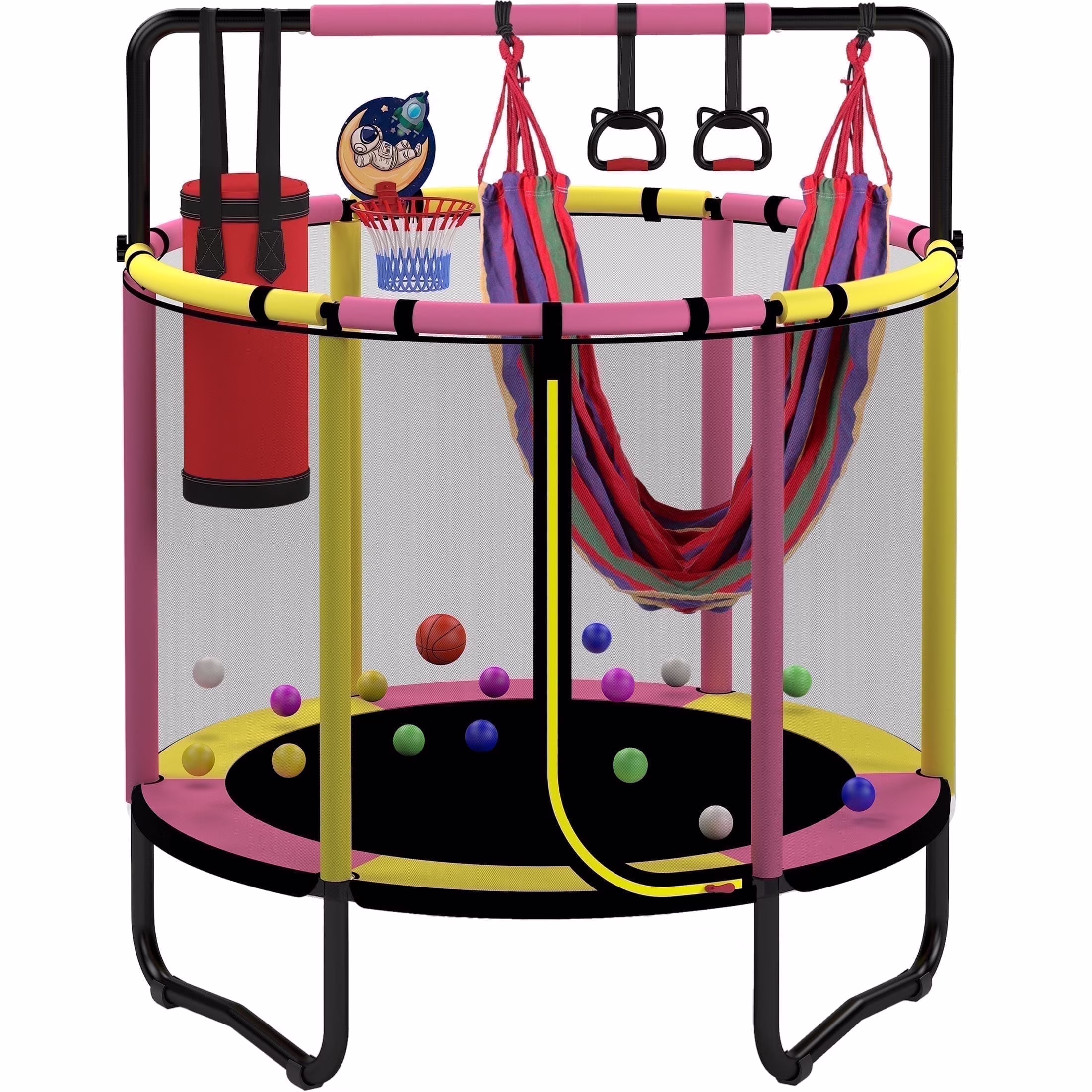 Mini Round Trampoline for Kids with Basketball Hoop, 55'' Indoor Outdoor Toddler Trampoline with Enclosure Net, Swing, Sandbag, Ring, Ocean Balls, Small Trampoline Gift for Boys Girls, Blue(Blue,Red) - Image 3