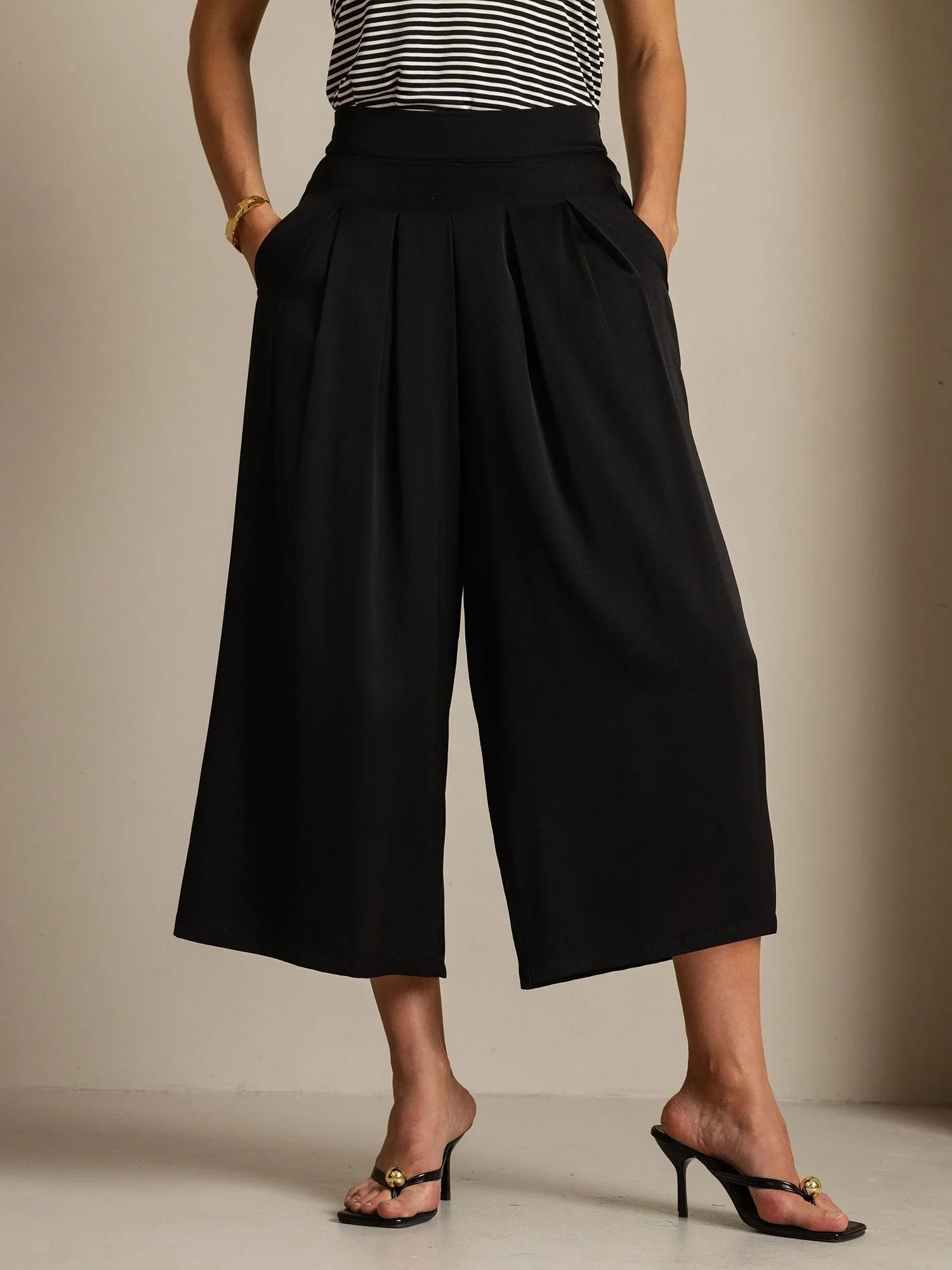19Momme Silk Women's High Waist Pleated Wide Leg Capri Pants