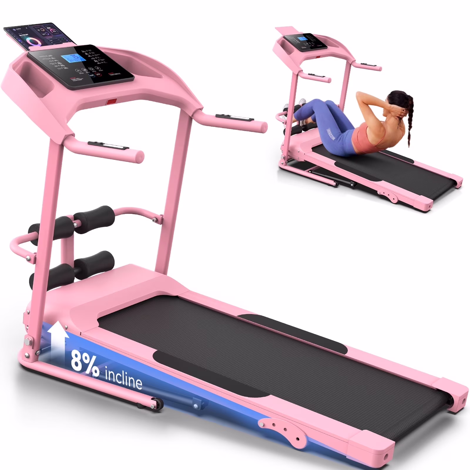 Treadmill with 8% Incline, 3.0 HP Foldable Compact Treadmill with Sit-up Function, 300 lbs Walking Running Treadmill with LCD Display for Exercise, 12 Programs(Pink-Upgraded)