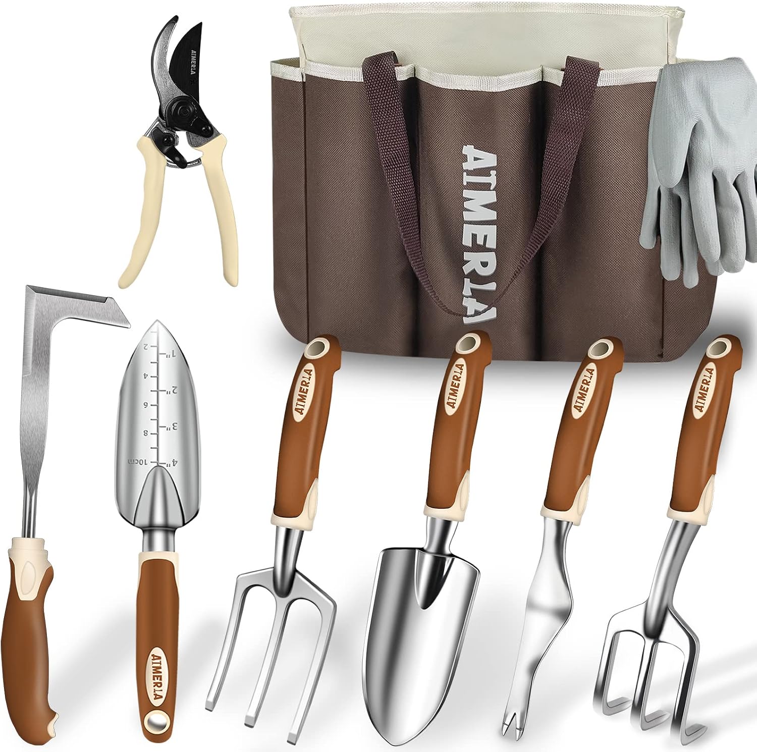 Aimerla Gardening Tools Set of 9 Heavy Duty Garden Tools with Non-Slip Rubber Grip with Large Garden Bag for Tools Durable Hand Tools for Gardening, Weeding, Gardening Gifts for Women, Men