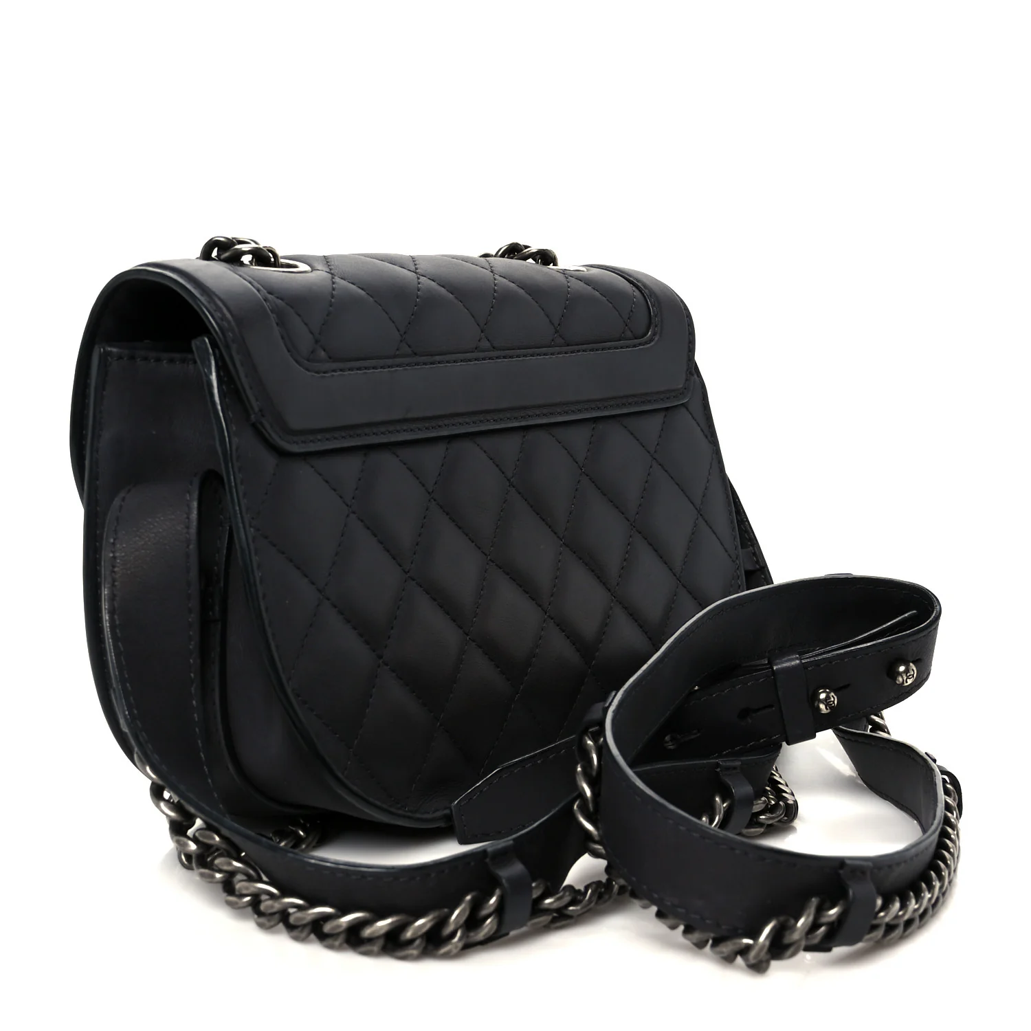 Shiny Goatskin Quilted Small Double Chained Messenger Flap Black