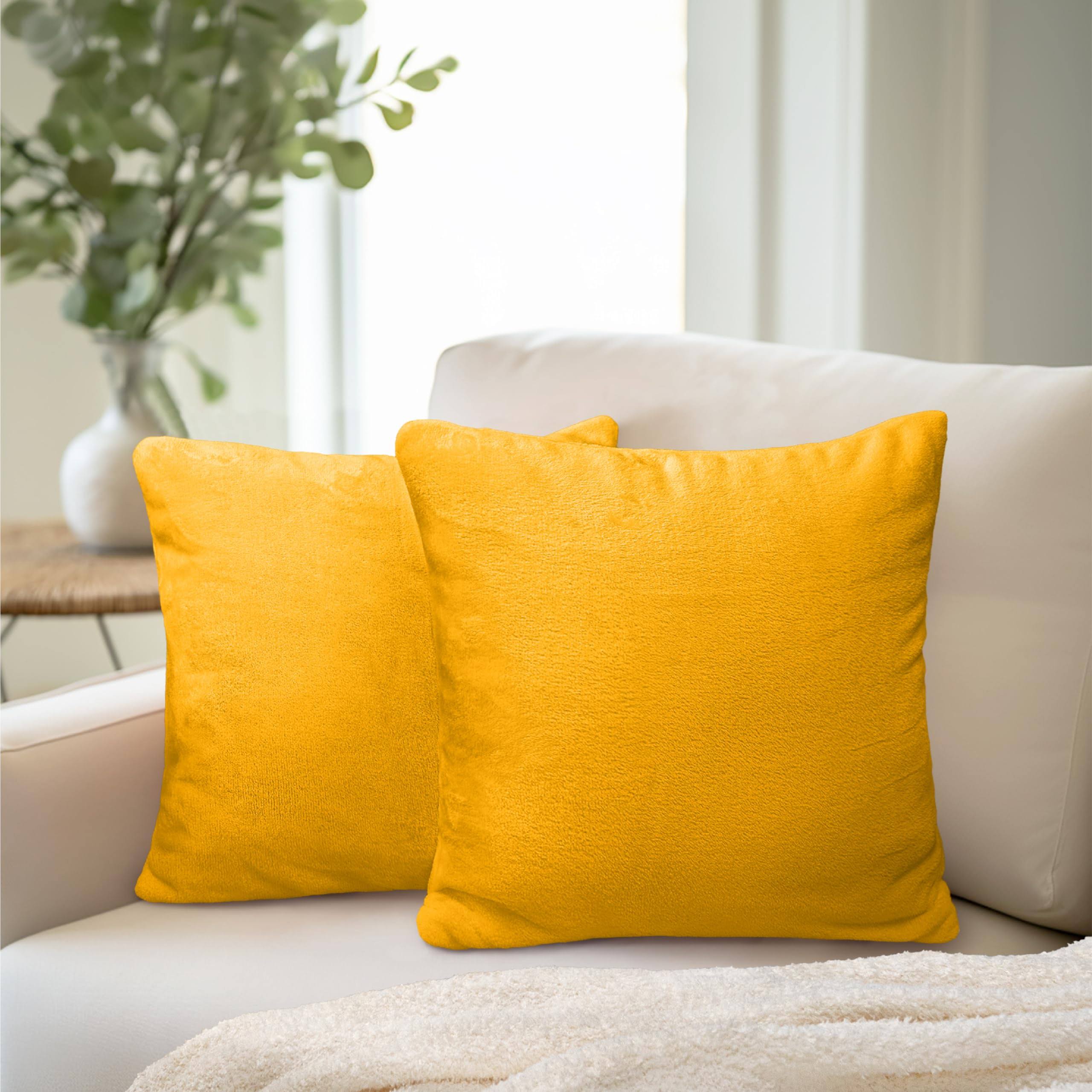 PAVILIA Decorative Throw Pillow Covers Set of 2 18x18 Solid Mustard Yellow | Square Pillow Case Sofa Couch Bed Bedroom Living Room | Fleece Velvet