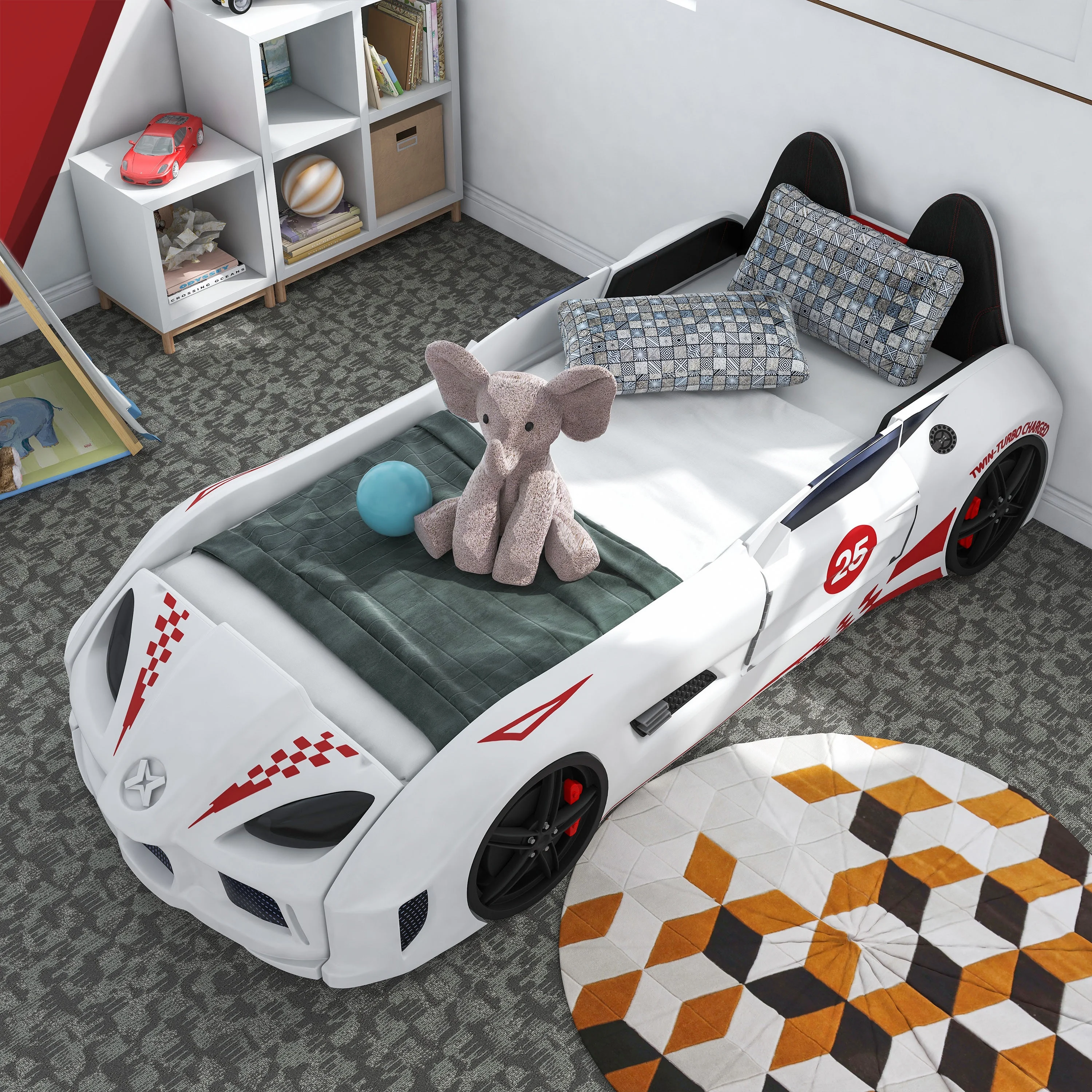 Dash Kids Plastic Twin Race Car Bed with LED and Sound, White(White) - Image 8