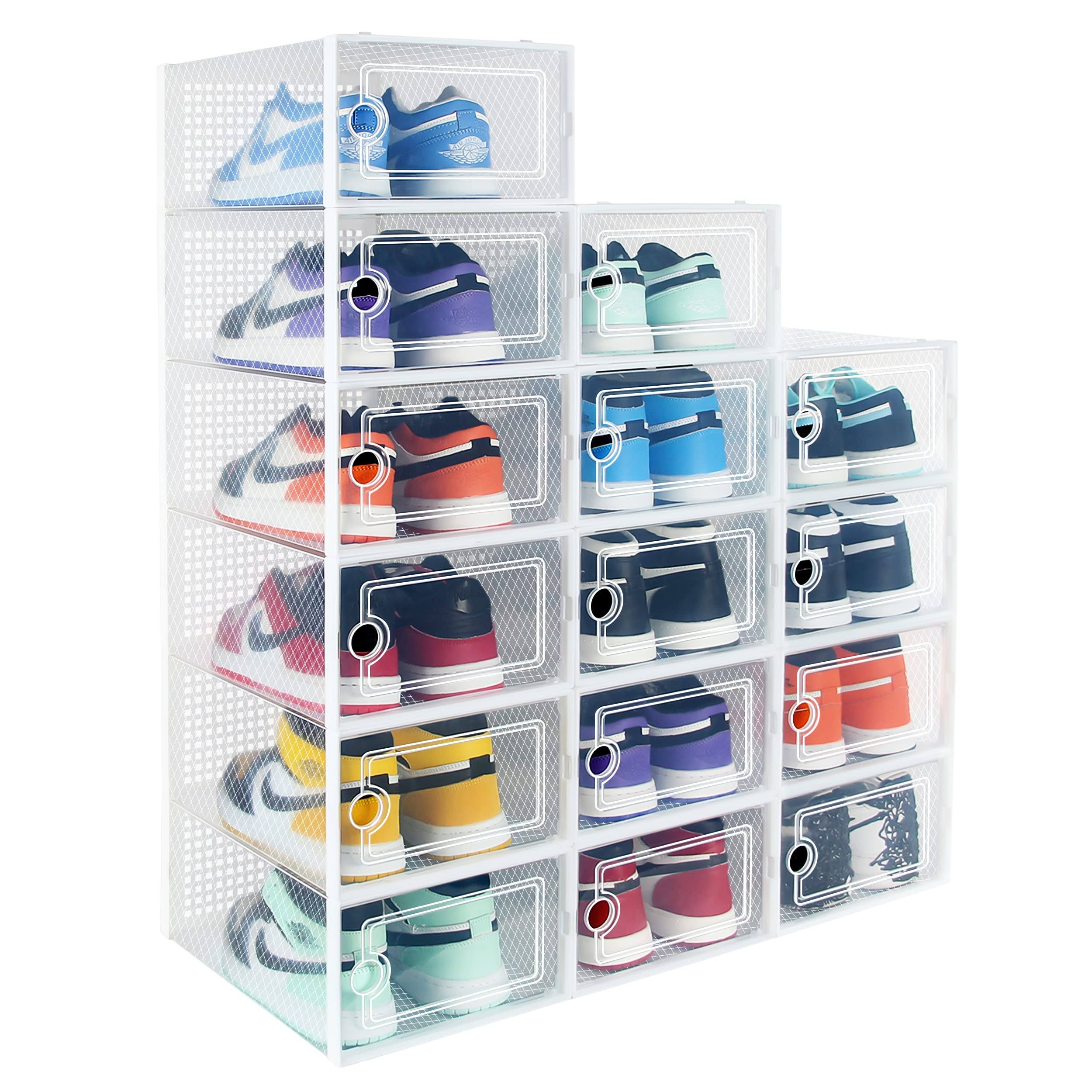 Hrrsaki Large 15 Pack Shoe Storage Organizer Boxes, Clear Shoe Boxes Stackable, Shoe Organizer for Closet, Foldable Shoe Storage Boxes, Shoe
