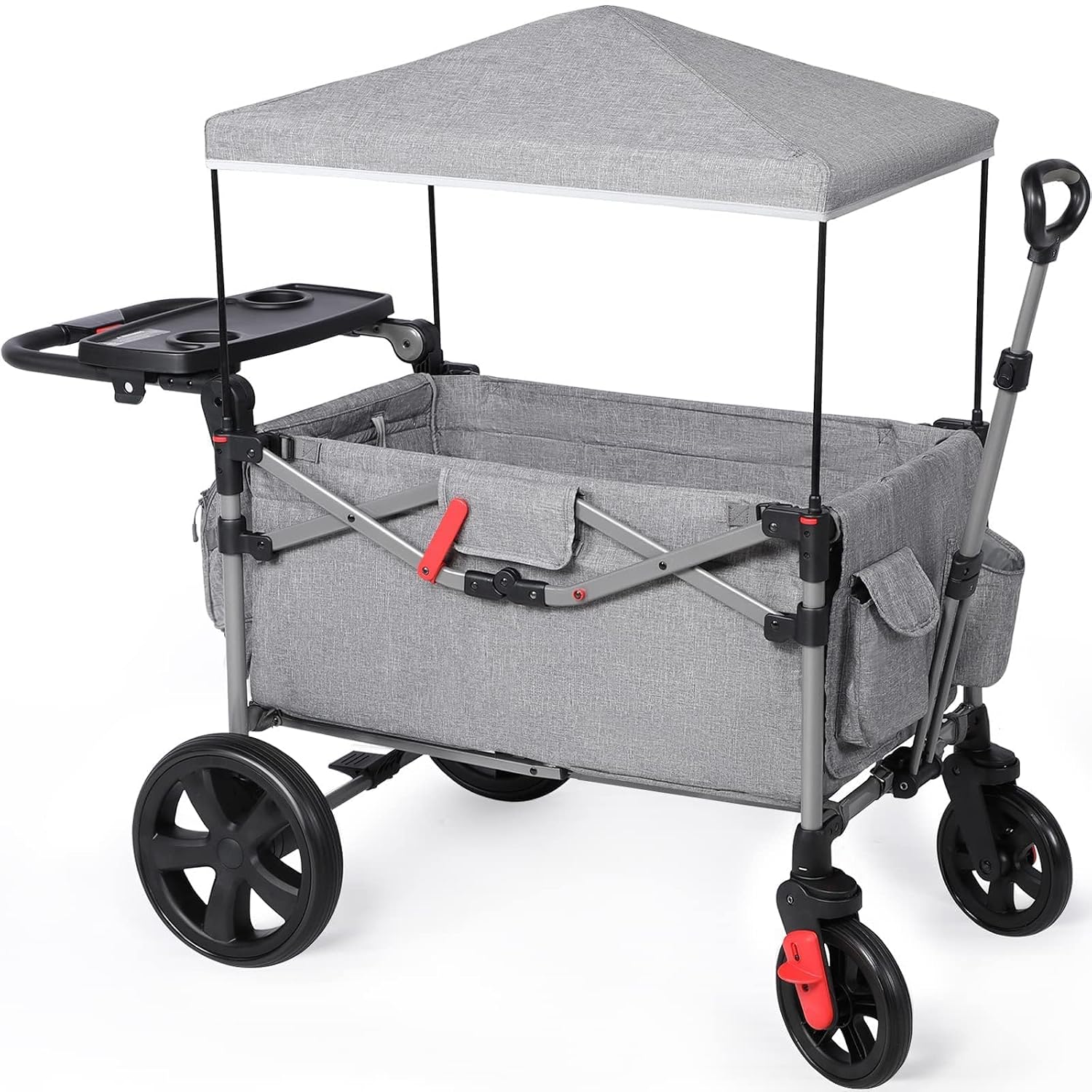 EVER ADVANCED Foldable Wagons for Two Kids & Cargo, Collapsible Folding Stroller with Adjustable Handle Bar, Removable Canopy with 5-Point Harness Gray