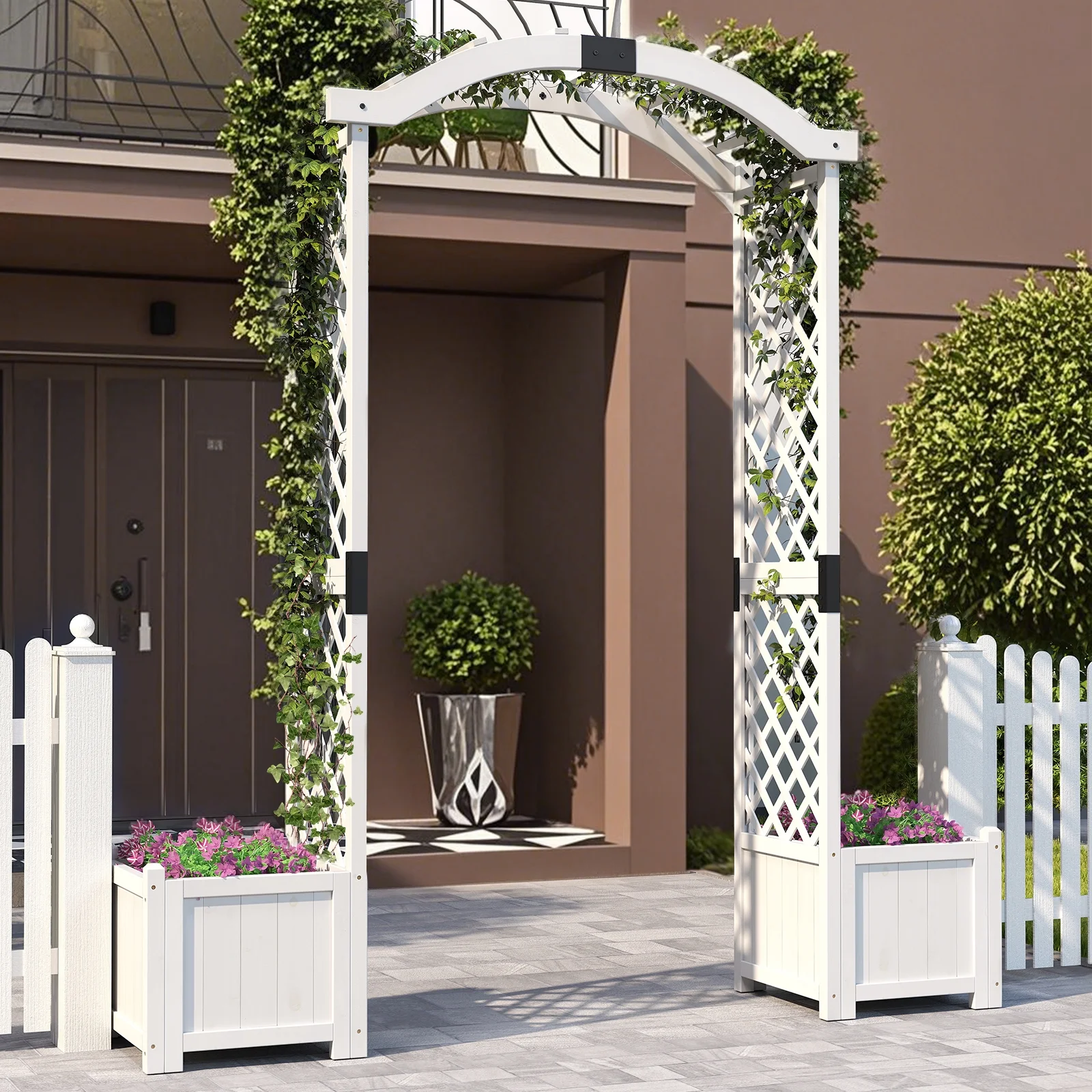 Gymax Garden Arbor W/ Planter Wooden Planter Arch W/ Trellis White