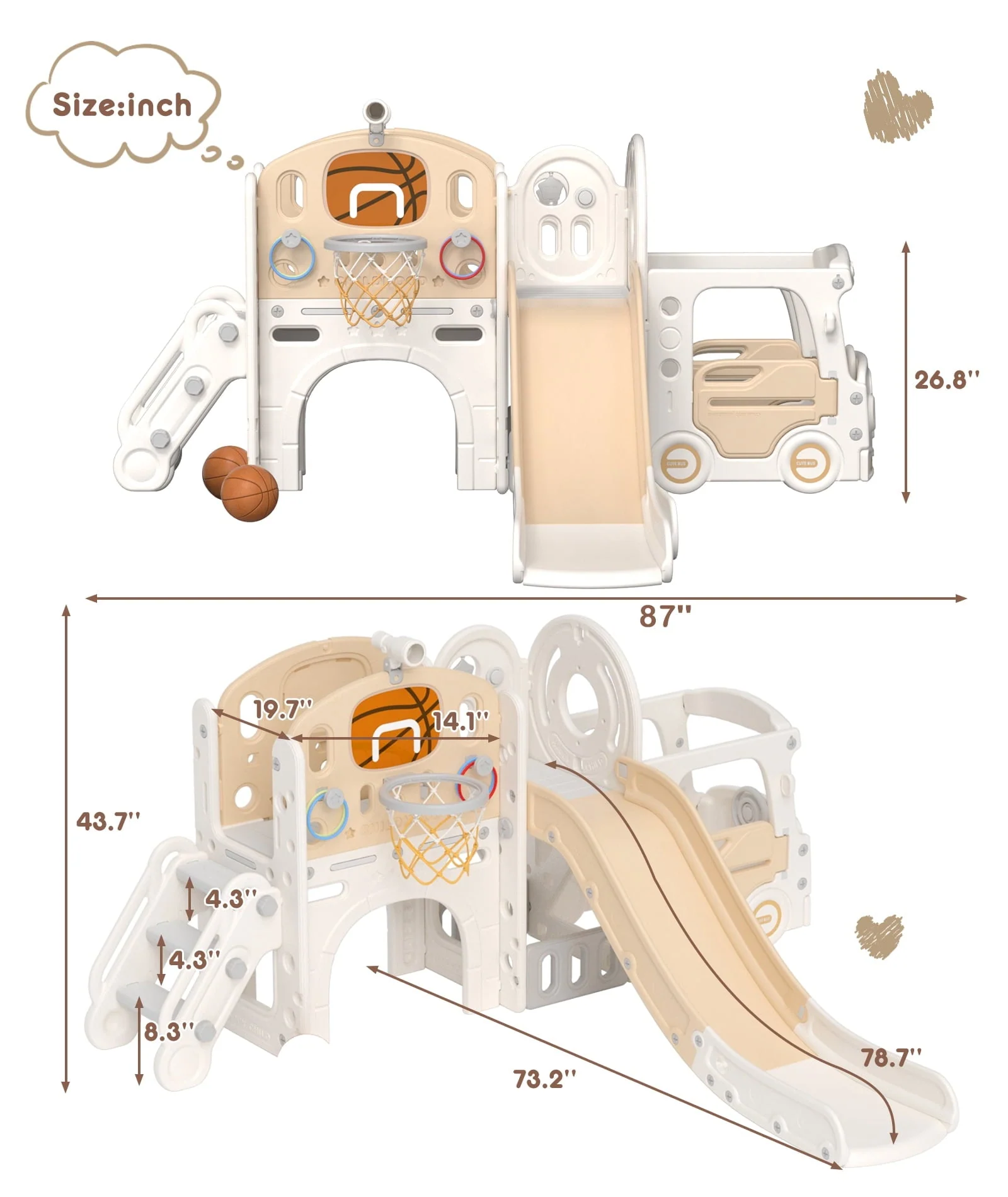 XJD 10 in 1 Toddler Slide, Kids Slide for Toddlers Age 1 - 3, Toddler Play Climber Slide Playset with Basketball Hoop and Ball, Toddlers Outdoor Indoor Playground(Beige+Coffee)