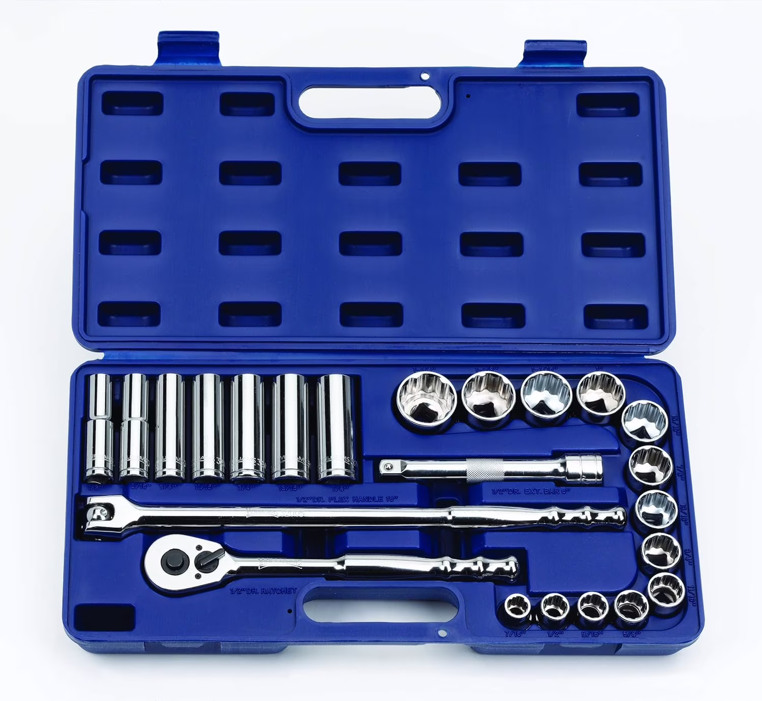 23pc 1/2 Drive 12-Point 1/2 to 7/8 Deep & 7/16 to 1-1/4 Shallow SUPERTORQUE? Chrome Sockets & Drive Tools Set In A Packed In A Compact HDPE Carrying Case. Williams? # JHW50668