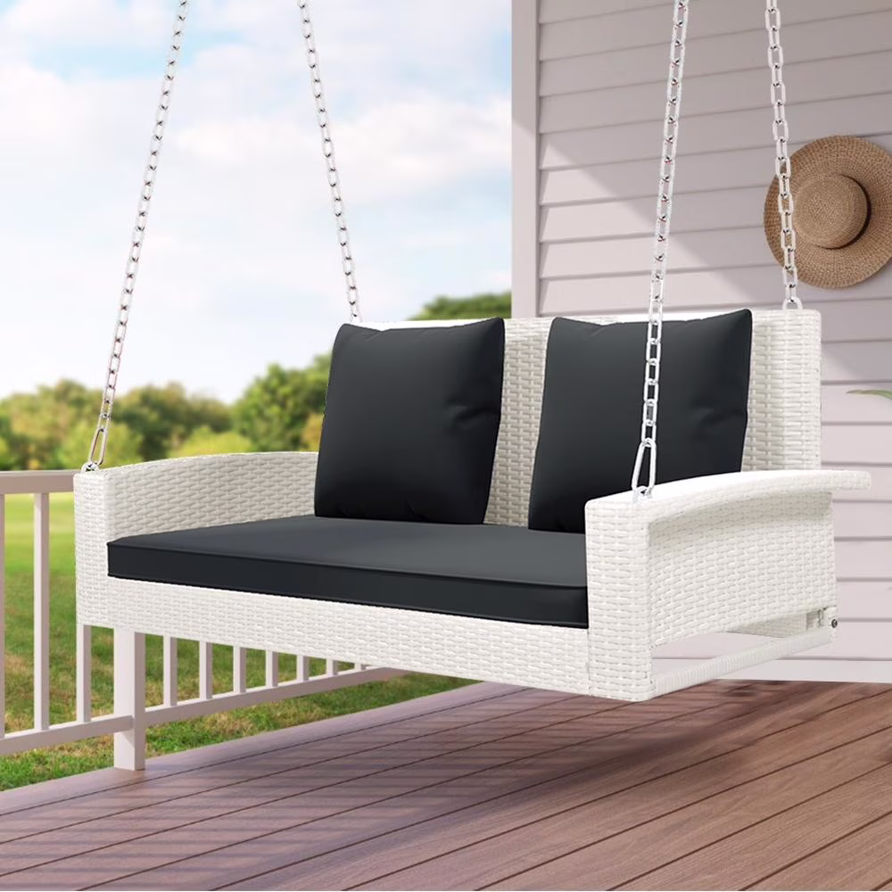 SEGMART 2 Person Wicker Hanging Porch Swing, Front Porch Swing Outdoor Chair with Soft Cushions and 2 Rustproof Steel Chains, Rattan Swing Bench for Deck, Backyard, Garden, Gray