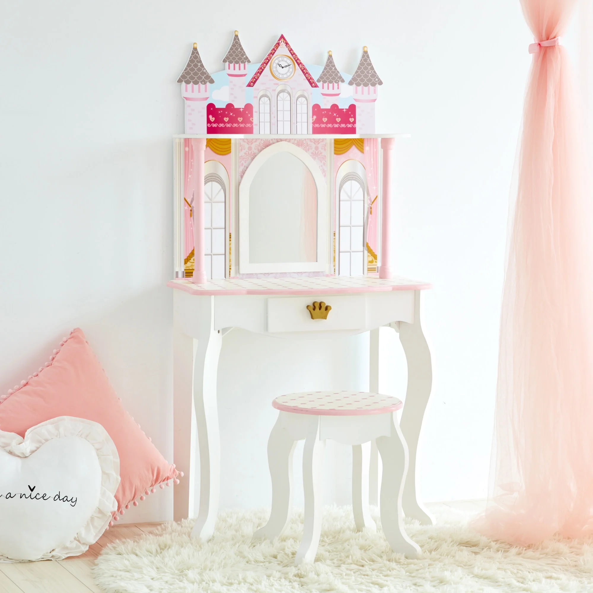 Fantasy Fields Kids Vanity Table and Stool Set with Castle Design, Pink