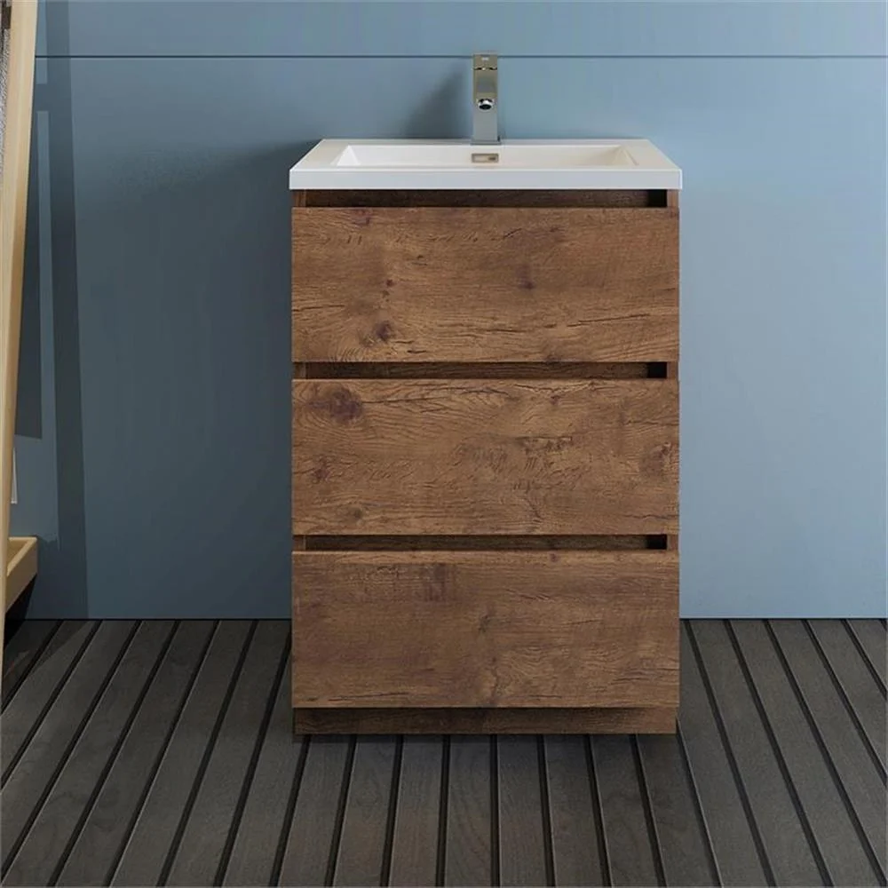 Lazzaro 24" Rosewood Free Standing Modern Bathroom Cabinet w/ Integrated Sink(Brown) - Image 4