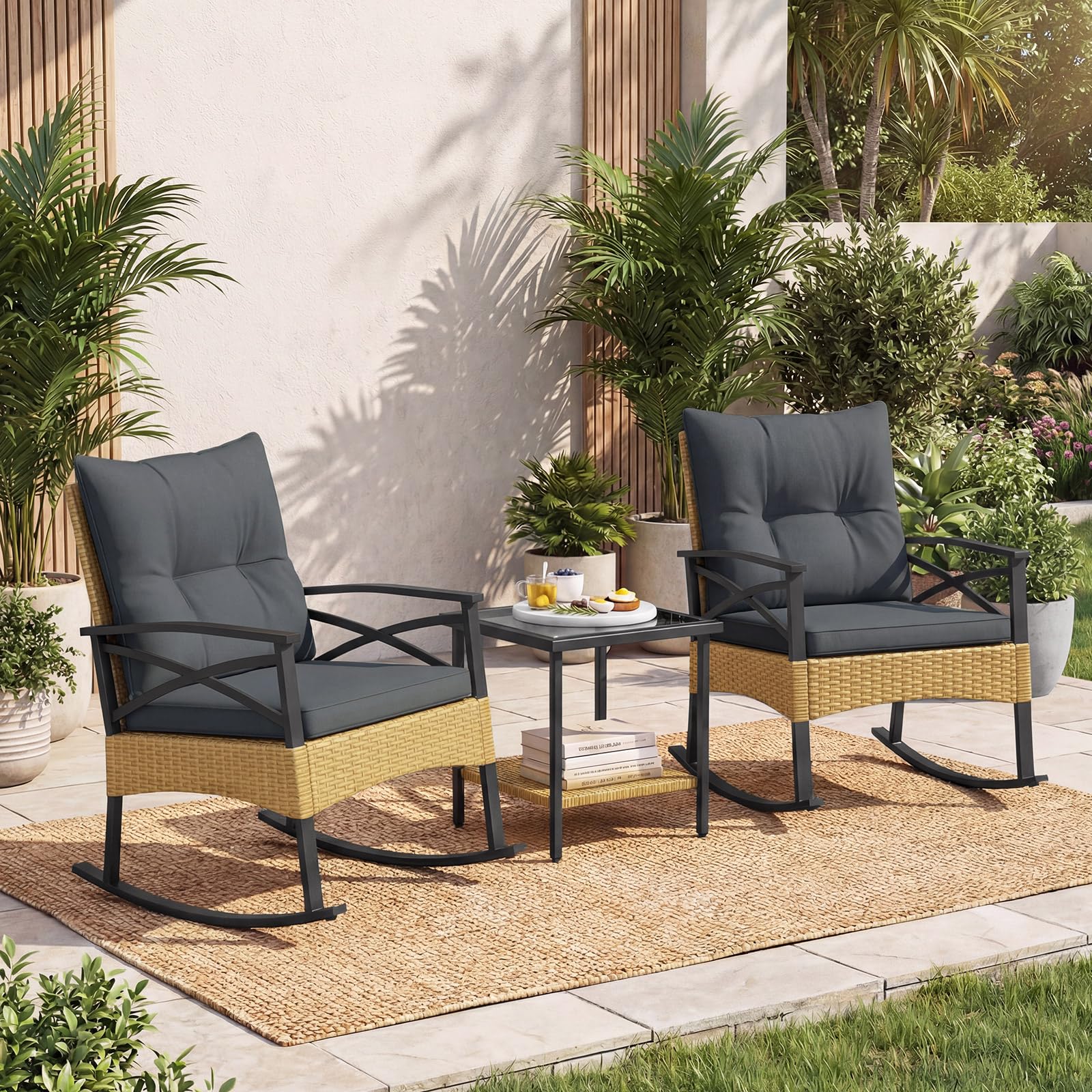 Tangkula 3 Pieces Outdoor Rocking Chairs Set for Garden