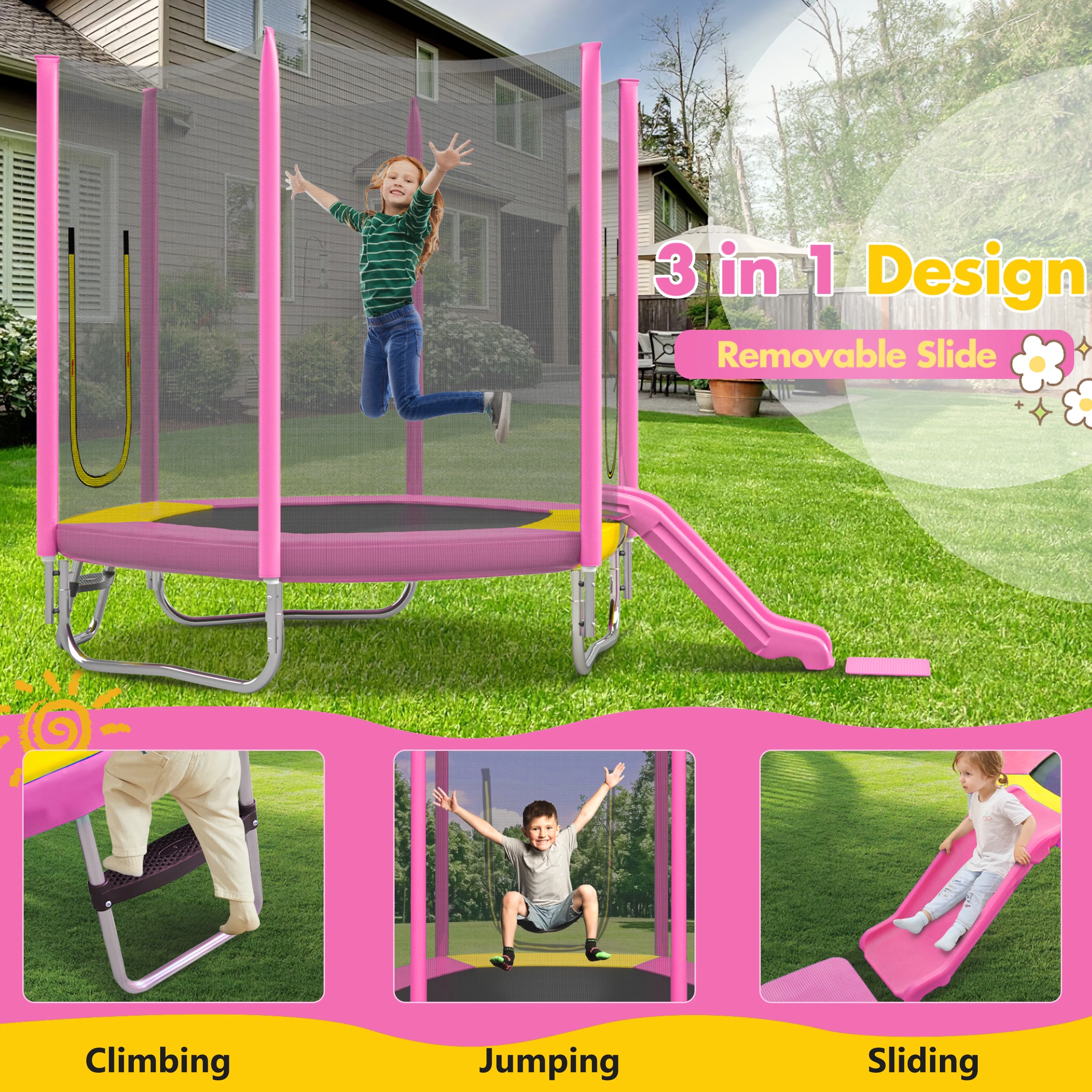 7FT Trampoline with Removable Slide, Kids Indoor Outdoor Trampoline with Enclosure Net and Ladder, Pink(Pink) Image 5