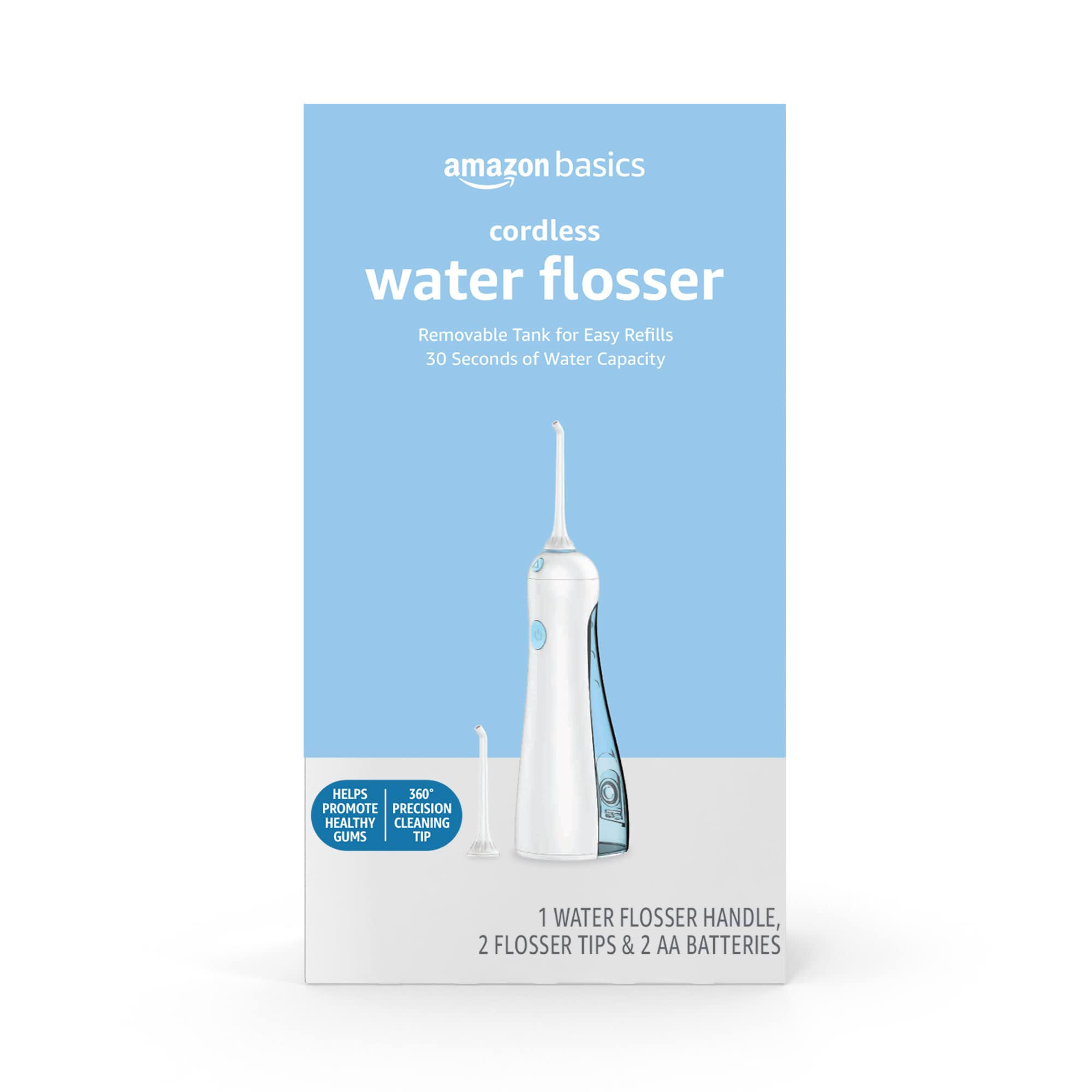 Amazon Basics HydroClean Cordless Water Flosser, 1 Handle, 2 Flosser Tips, 2 AA Batteries Included
