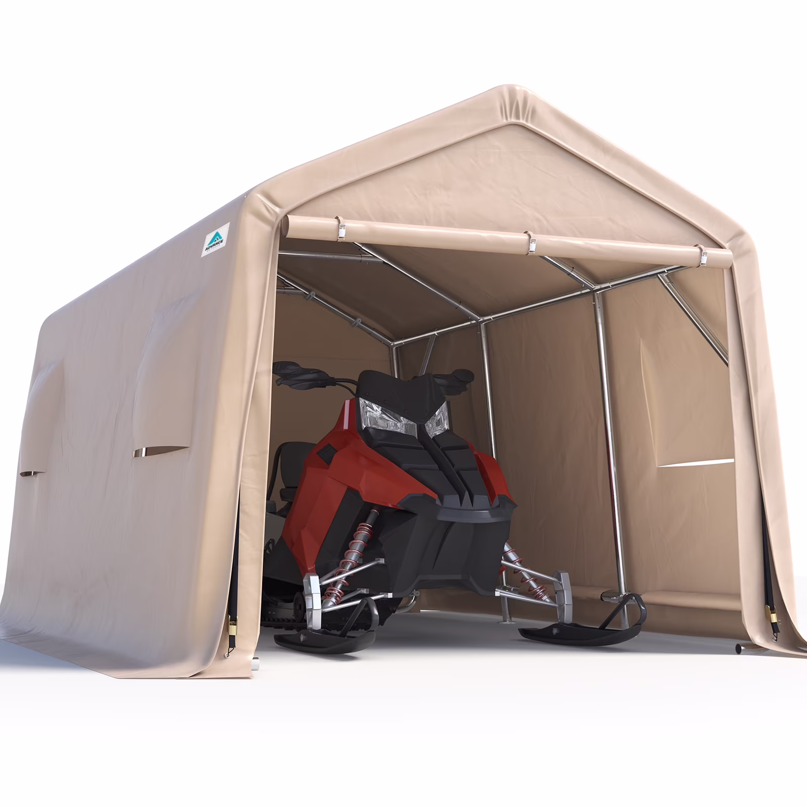 ADVANCE OUTDOOR 10x15 ft Carport Shelter Storage Shed Steel Metal Peak Roof Anti-Snow Portable Garage Carport for Motorcycle, Boat or Garden Tools with 2 Roll up Doors & Vents, Beige