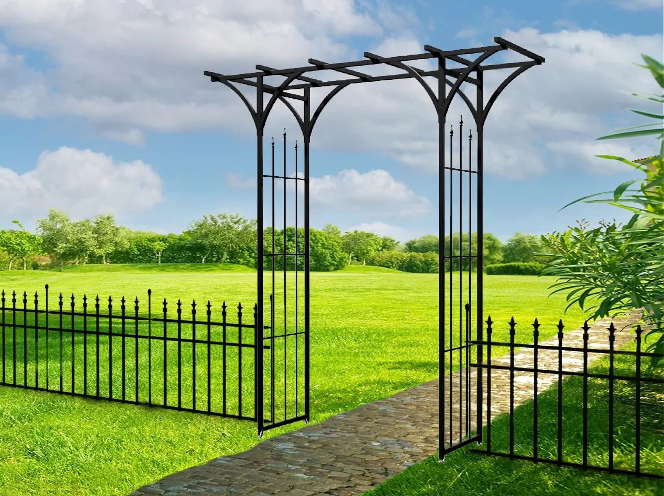 Panacea 89088 Black Steel Flat Top Garden Arbor with Finials, Weatherproof Metal Structure