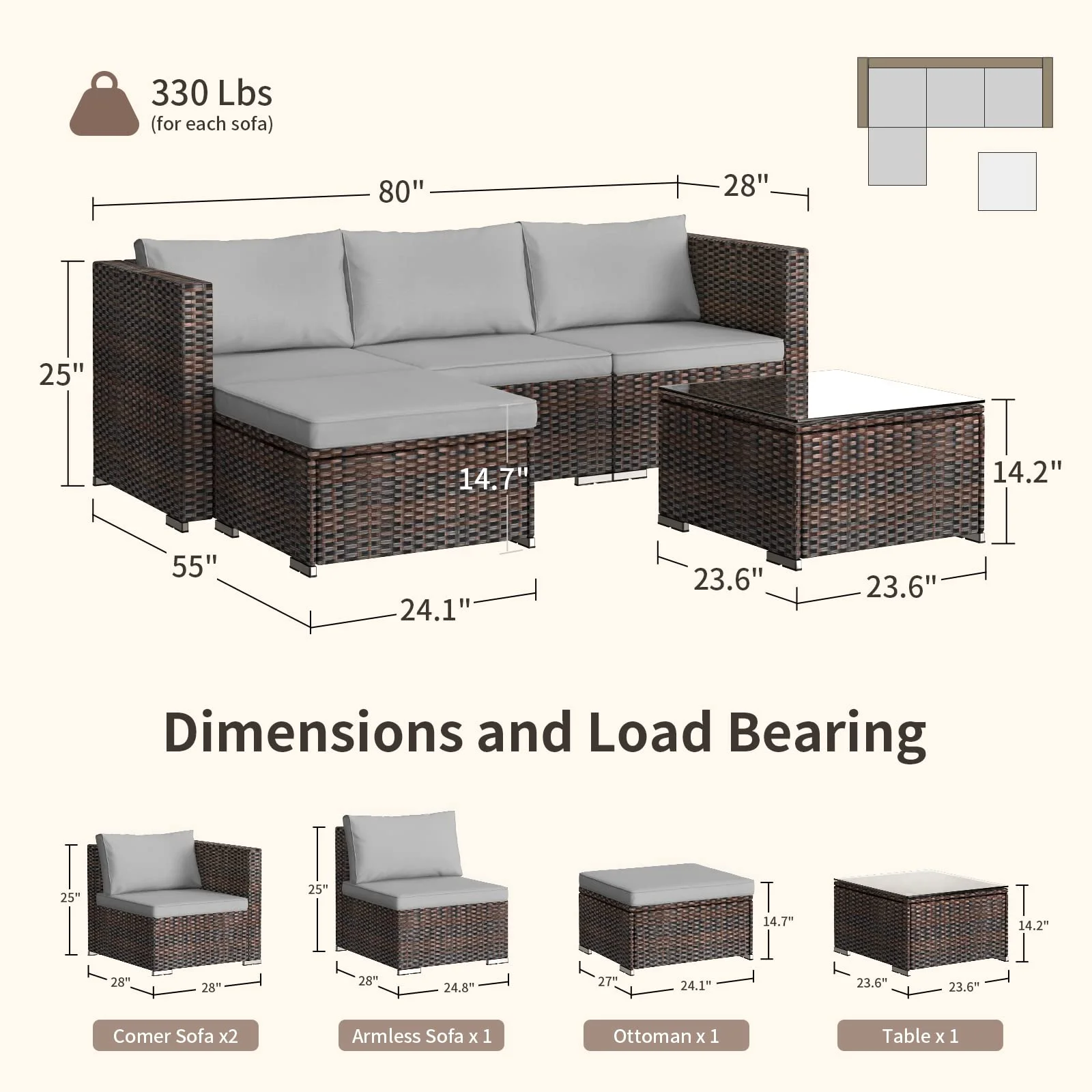 Patio Furniture Set Clearance, 5 Piece Outdoor Sectional Furniture Chair Set with Cushions and Tea Table, Gray(Gray-5 Pieces) - Image 2