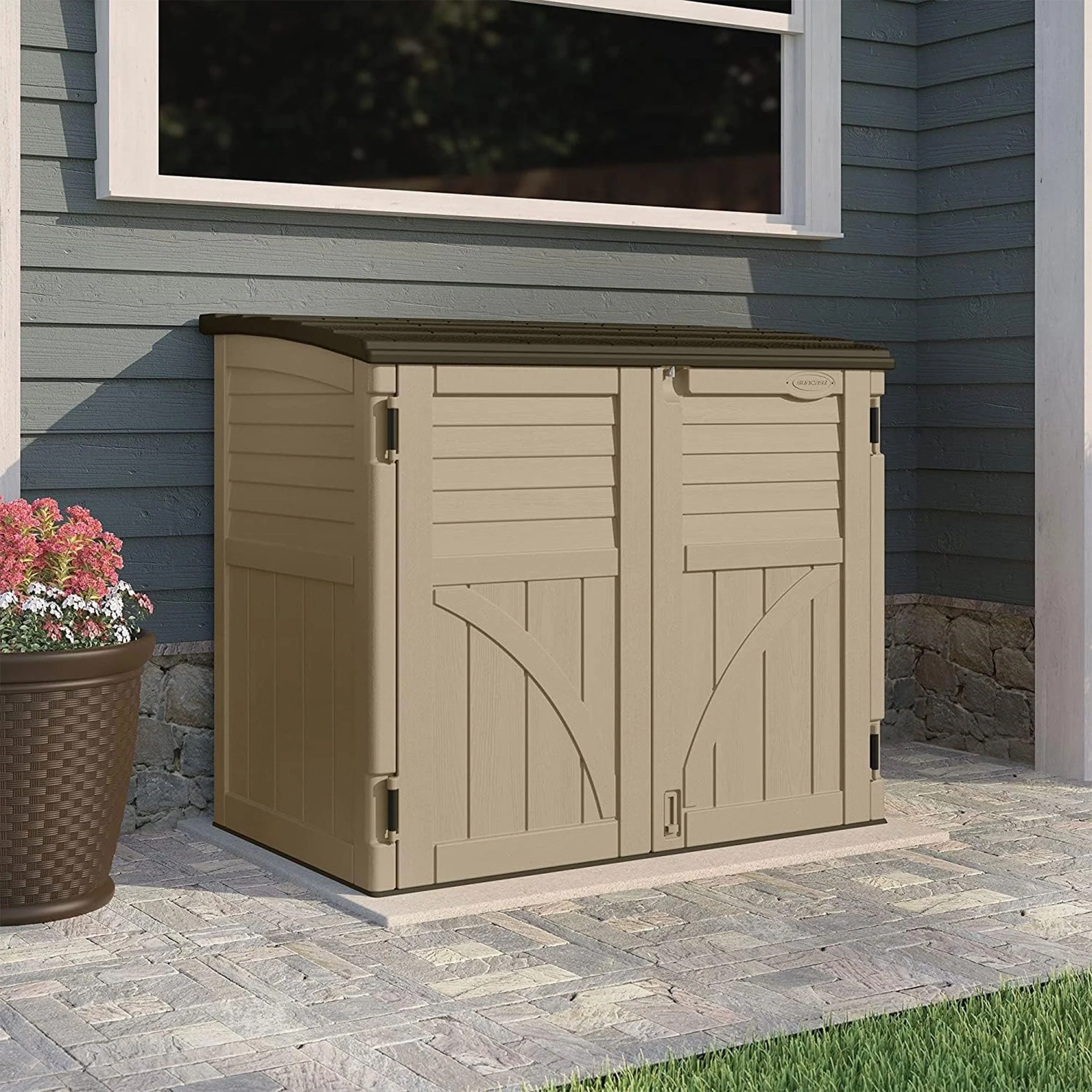 Suncast 34 Cubic ft Horizontal Compact Outdoor Storage Shed, Sand(Brown) Image 10