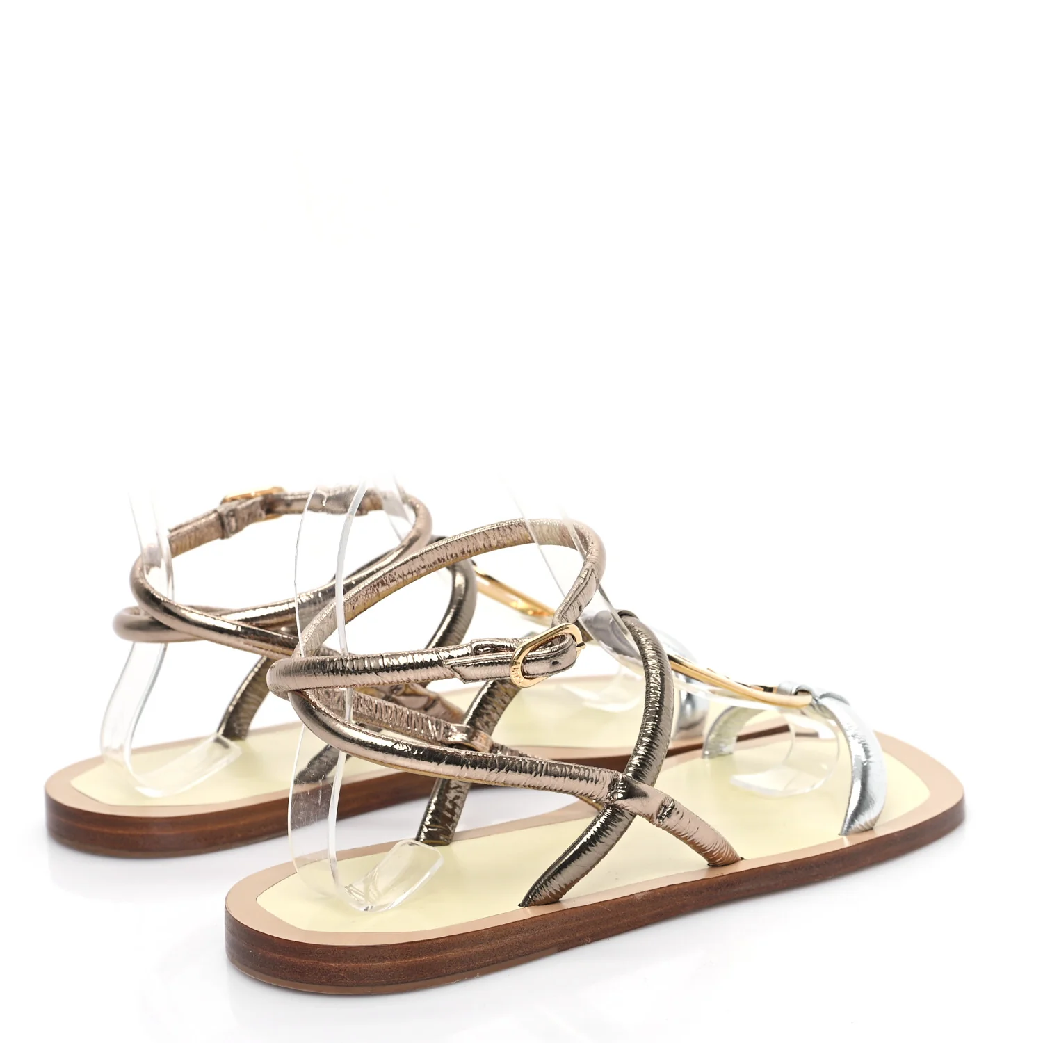 Metallic Nappa Fendi O'Lock Gladiator Flat Sandals 36 Argento Stagno Champagne