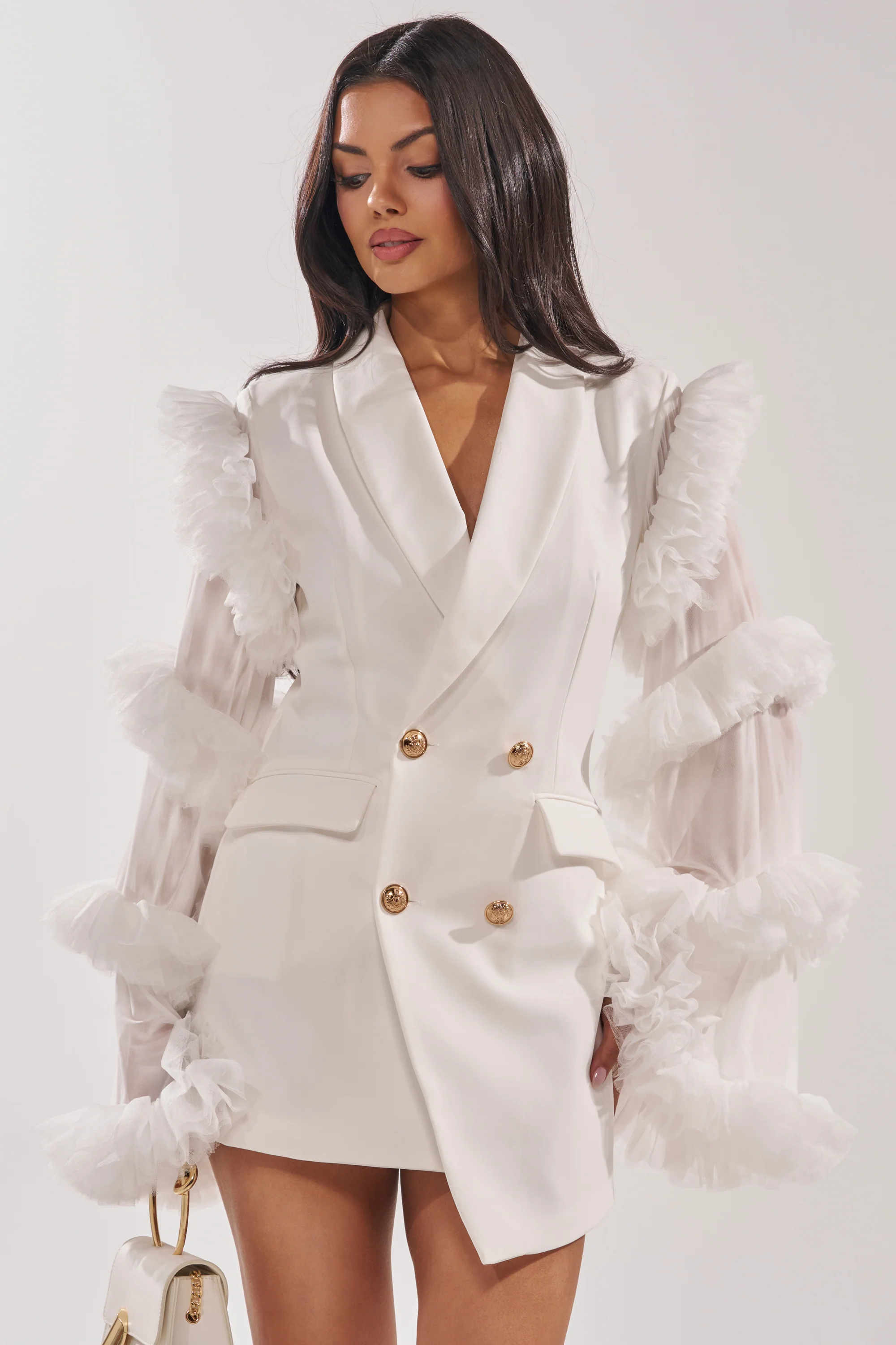 LIVING OVER THE TOP RUFFLE SLEEVE BLAZER MINI DRESS IN WHITE - Akira Store