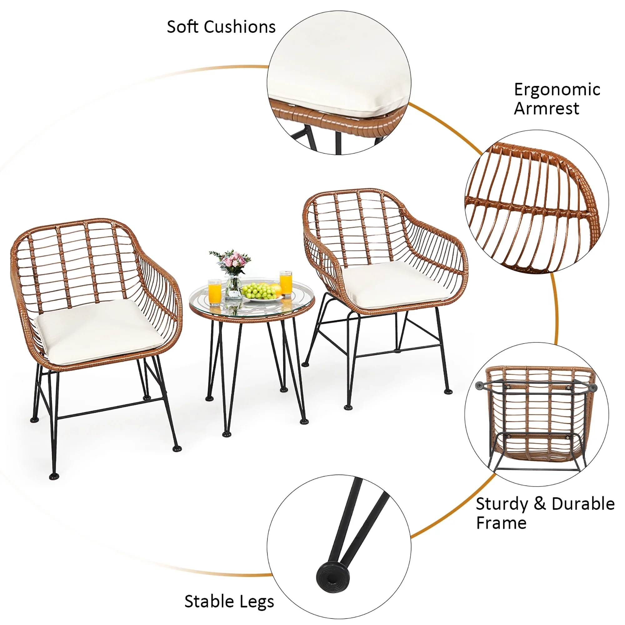 Costway 3PCS Patio Rattan Bistro Set Coffee Table Armchair Garden Red Cushion