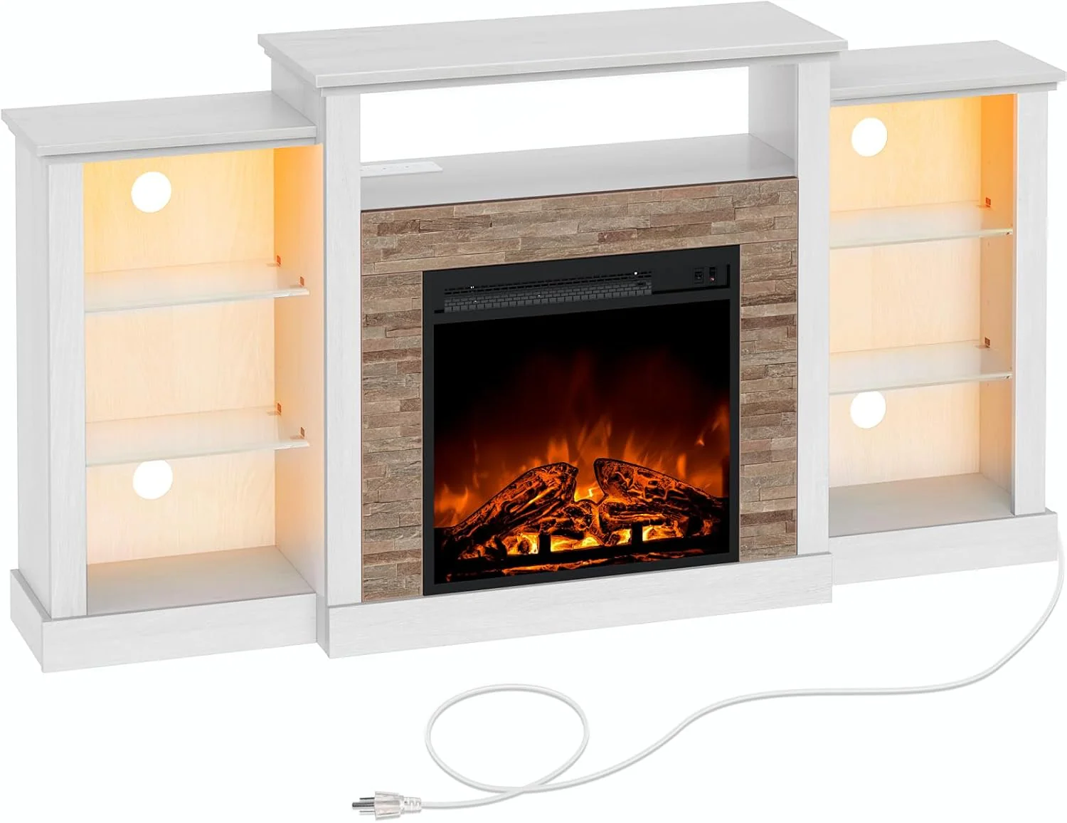 Meuble TV Rolanstar avec cheminée, éclairage LED et prises électriques, console TV et centre de divertissement