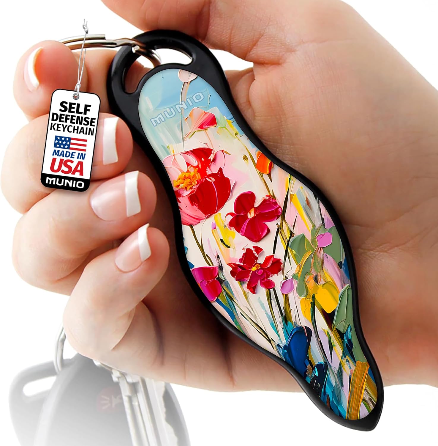 MUNIO Self Defense Keychain – Lightweight, Stylish & Portable Safety Tool for Women & Men – Non-Lethal Kubotan, Easy to Use, TSA Approved – Made in USA – Painted Bloom Design